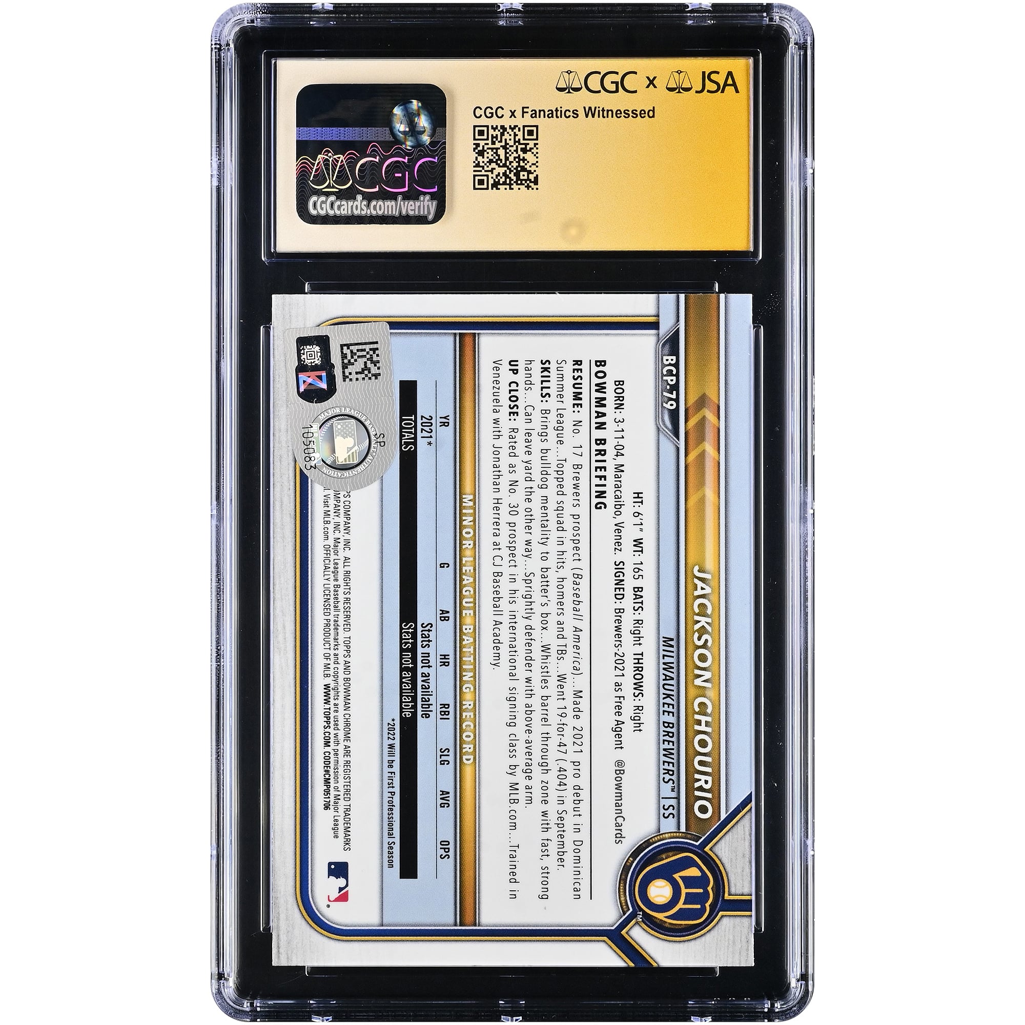 Carte autographiée de Jackson Chourio (Milwaukee Brewers), collection Bowman Chrome Prospects 2022, numéro BCP-79, authentifiée par CGC Fanatics Witnessed (note 9,5/10).