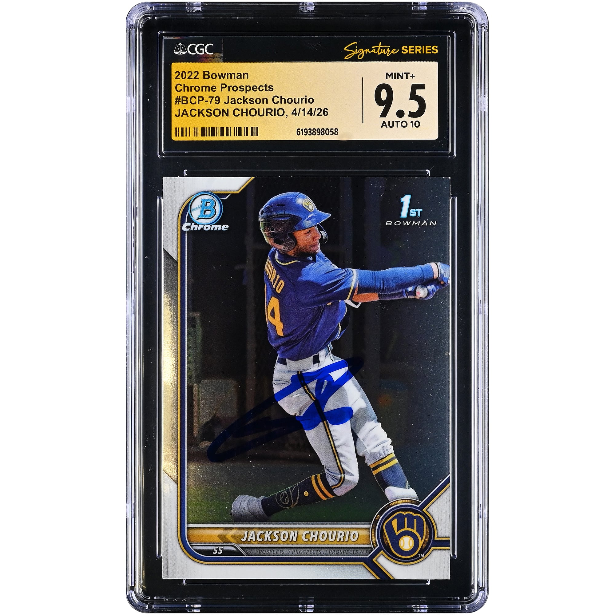 Carte autographiée de Jackson Chourio (Milwaukee Brewers), collection Bowman Chrome Prospects 2022, numéro BCP-79, authentifiée par CGC Fanatics Witnessed (note 9,5/10).
