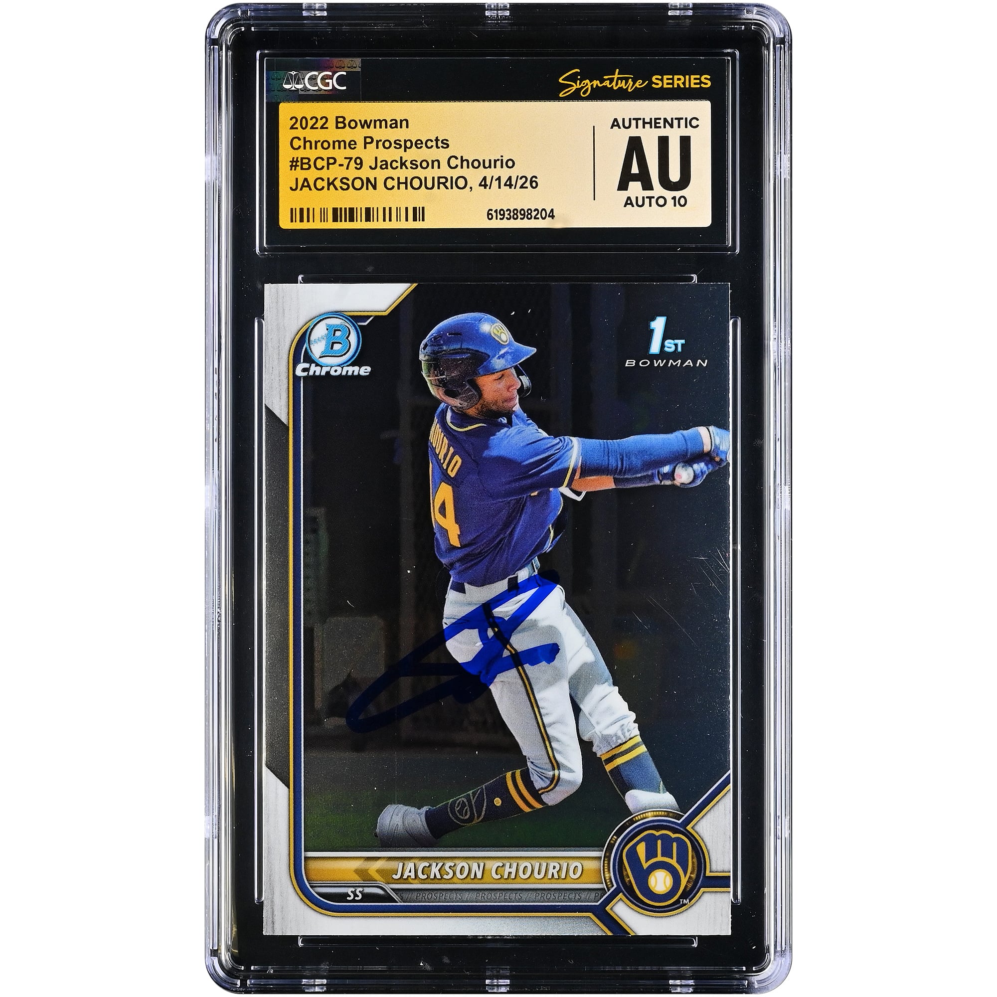 Jackson Chourio Milwaukee Brewers Autographed 2022 Bowman Chrome Prospects #BCP-79 CGC Fanatics Witnessed Authenticated AUTO 10 Card