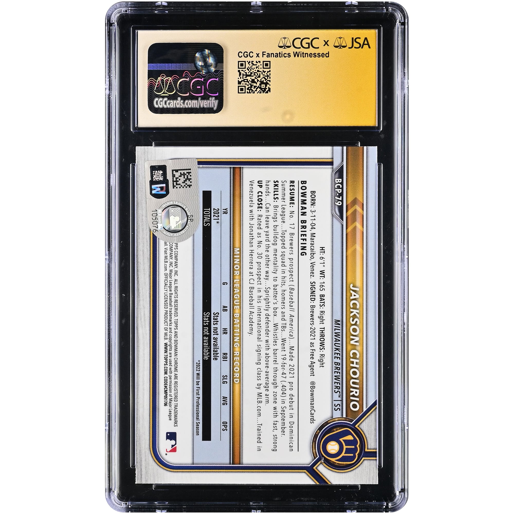 Carte authentifiée par Jackson Chourio (Milwaukee Brewers), Bowman Chrome Prospects 2022, n° BCP-79, certifiée par CGC Fanatics Witnessed.