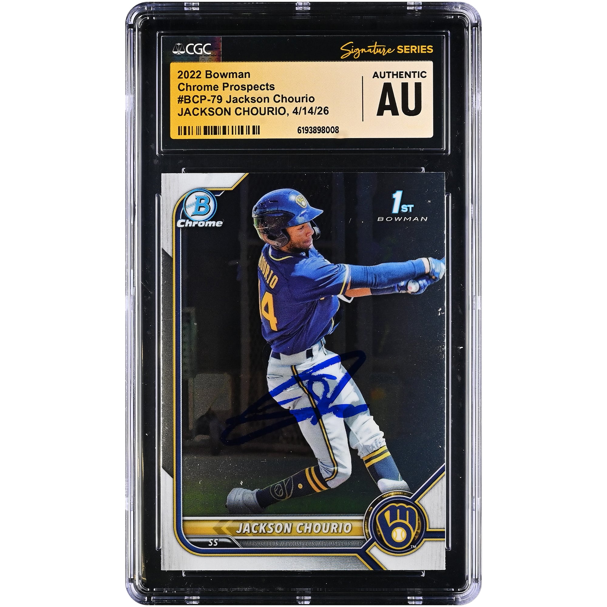 Carte authentifiée par Jackson Chourio (Milwaukee Brewers), Bowman Chrome Prospects 2022, n° BCP-79, certifiée par CGC Fanatics Witnessed.