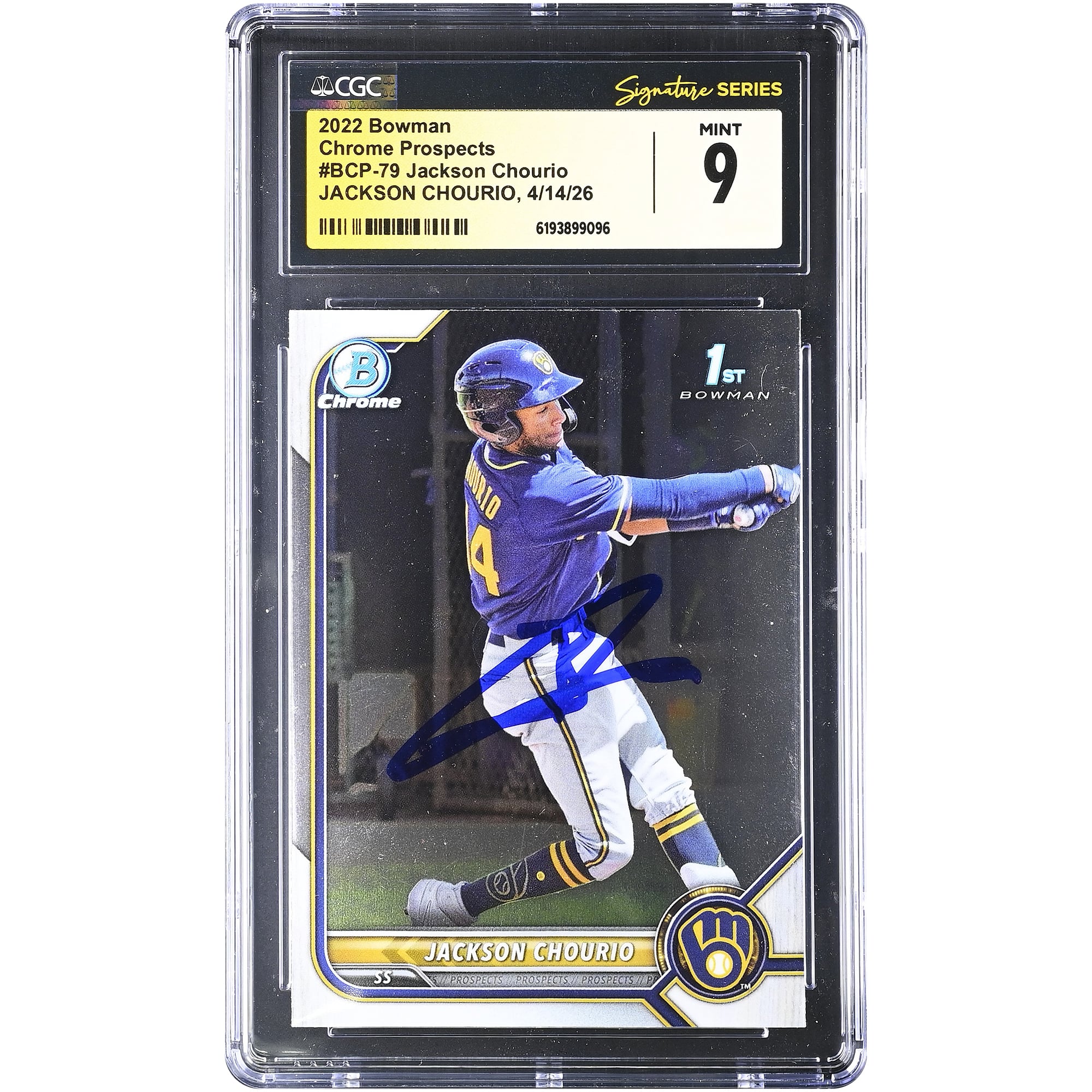 Jackson Chourio Milwaukee Brewers Autographed 2022 Bowman Chrome Prospects #BCP-79 CGC Fanatics Witnessed Authenticated MINT 9 Card