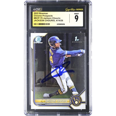 Jackson Chourio Milwaukee Brewers Autographed 2022 Bowman Chrome Prospects #BCP-79 CGC Fanatics Witnessed Authenticated MINT 9 Card