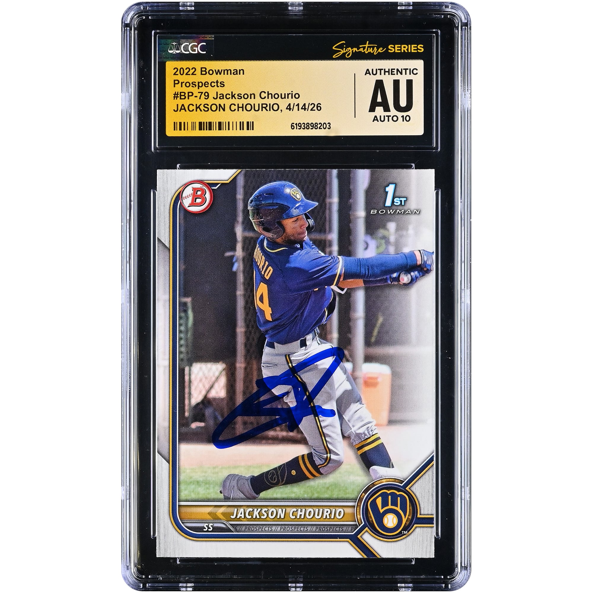 Jackson Chourio Milwaukee Brewers Autographed 2022 Bowman Prospects #BP-79 CGC Fanatics Witnessed Authenticated AUTO 10 Card