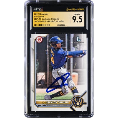Jackson Chourio Milwaukee Brewers Autographed 2022 Bowman Prospects #BP-79 CGC Fanatics Witnessed Authenticated MINT+ 9.5 Card