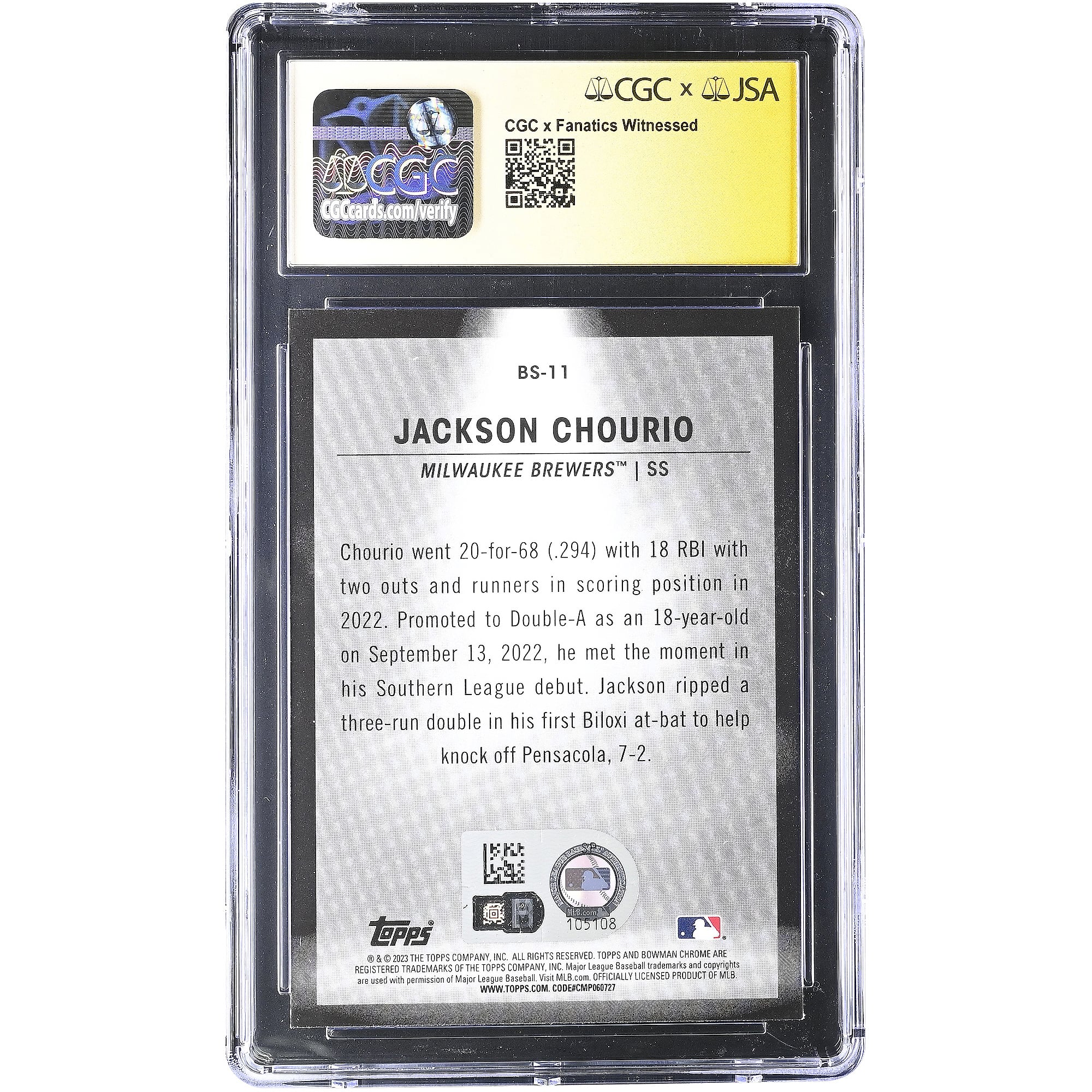 Jackson Chourio Milwaukee Brewers Autographed 2023 Bowman Spotlights #BS-11 CGC Fanatics Witnessed Authenticated / Card