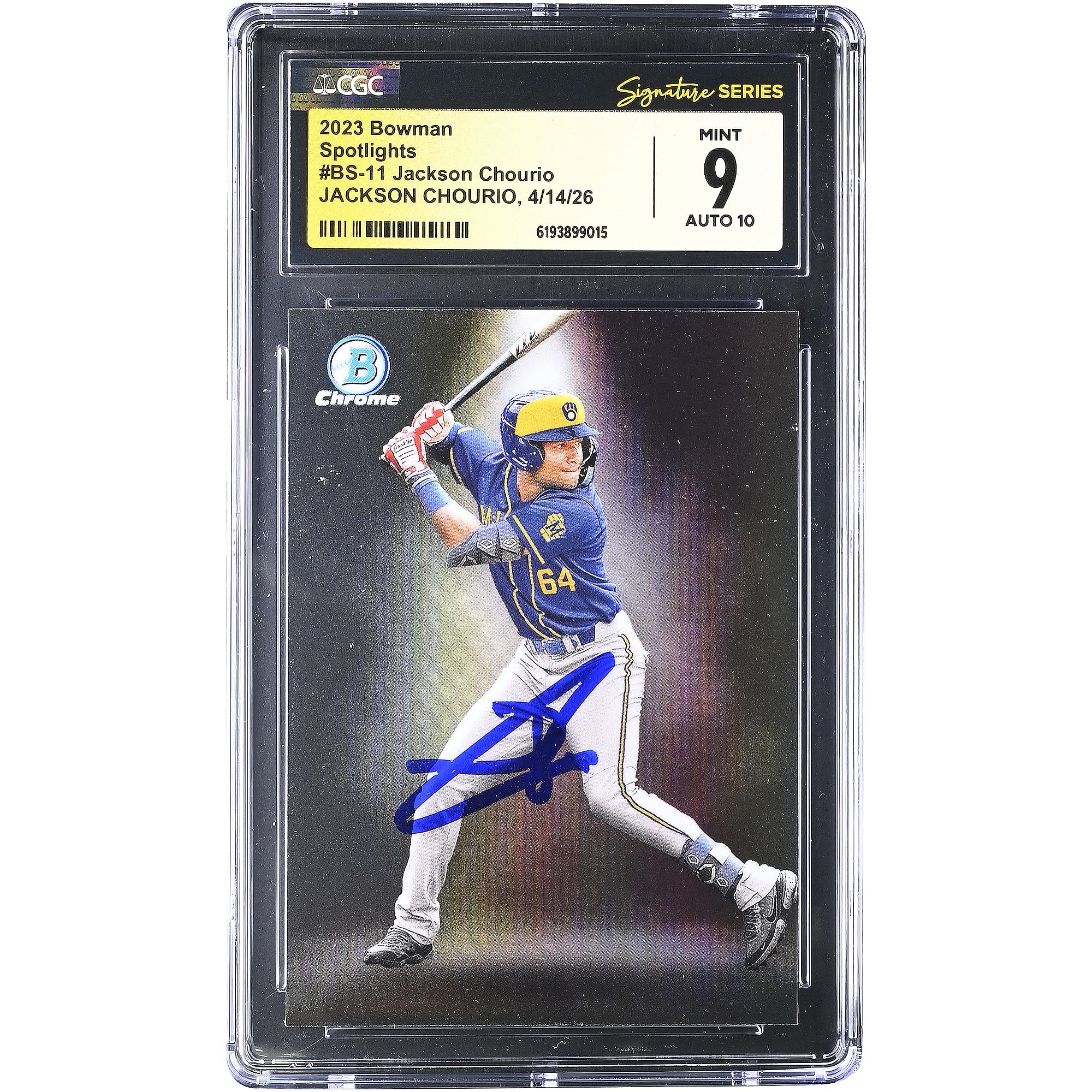 Jackson Chourio Milwaukee Brewers Autographed 2023 Bowman Spotlights #BS-11 CGC Fanatics Witnessed Authenticated / Card