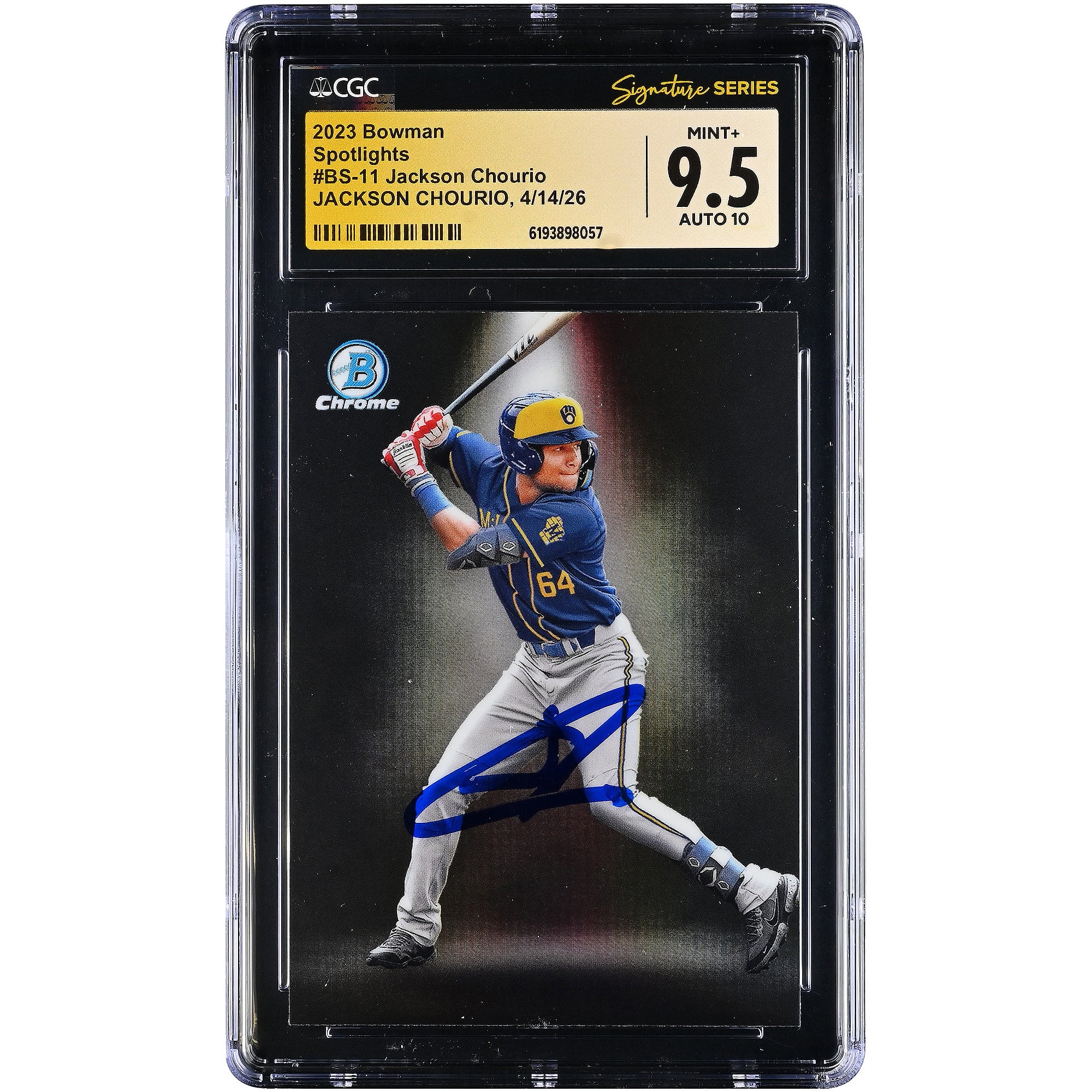 Carte autographiée de Jackson Chourio (Milwaukee Brewers) Bowman Spotlights 2023 #BS-11, authentifiée par CGC Fanatics Witnessed (note 9,5/10).