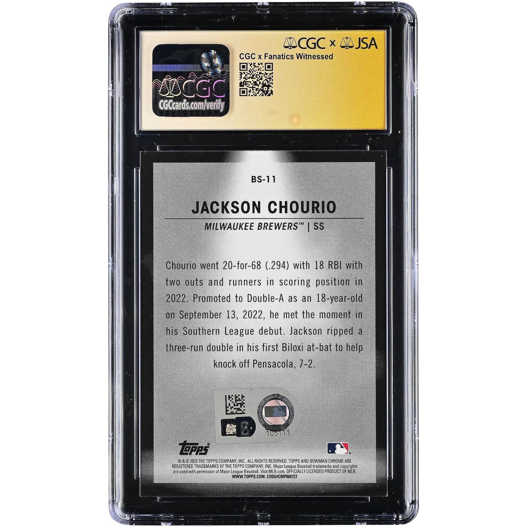 Jackson Chourio Milwaukee Brewers Autographed 2023 Bowman Spotlights #BS-11 CGC Fanatics Witnessed Authenticated AUTO 10 Card