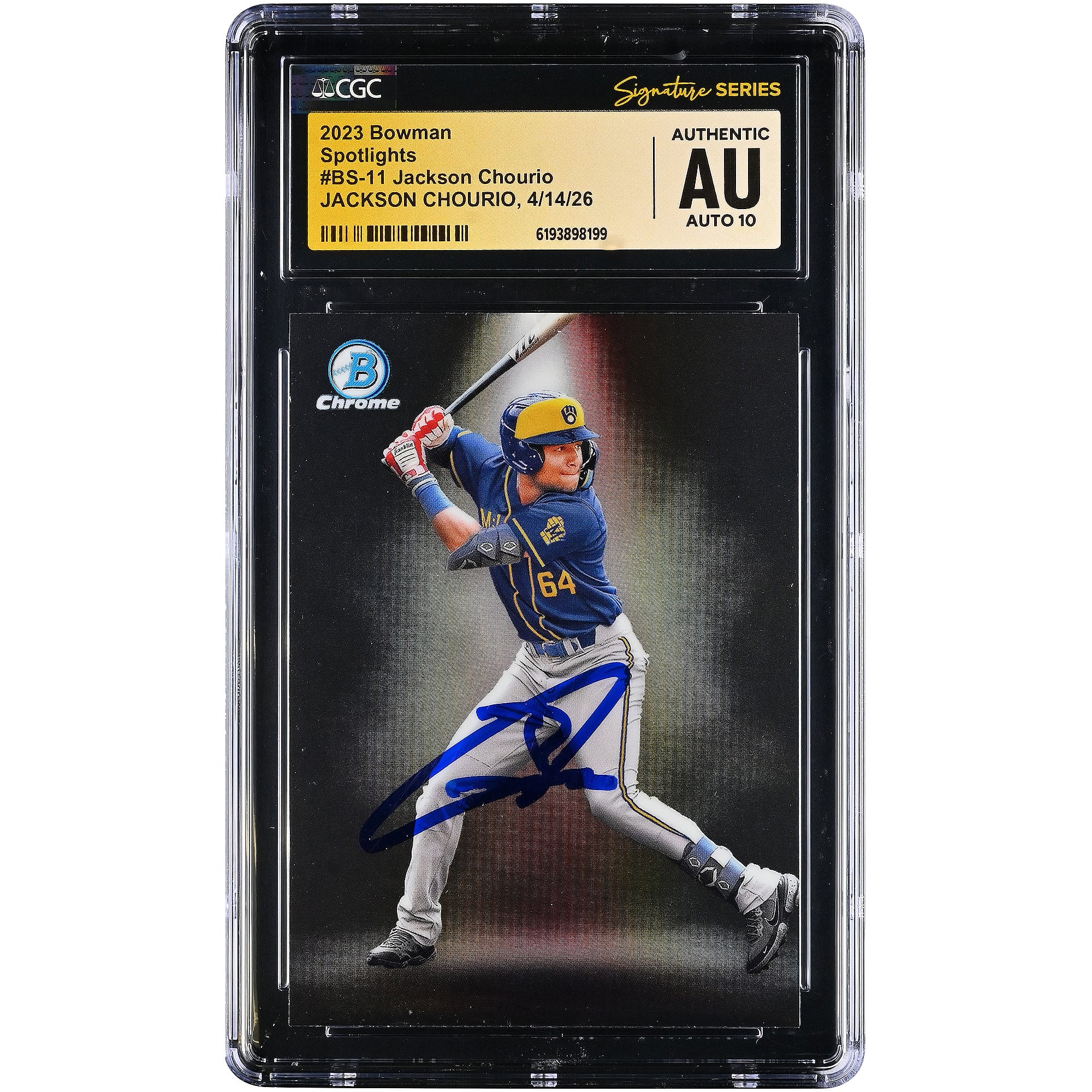 Jackson Chourio Milwaukee Brewers Autographed 2023 Bowman Spotlights #BS-11 CGC Fanatics Witnessed Authenticated AUTO 10 Card