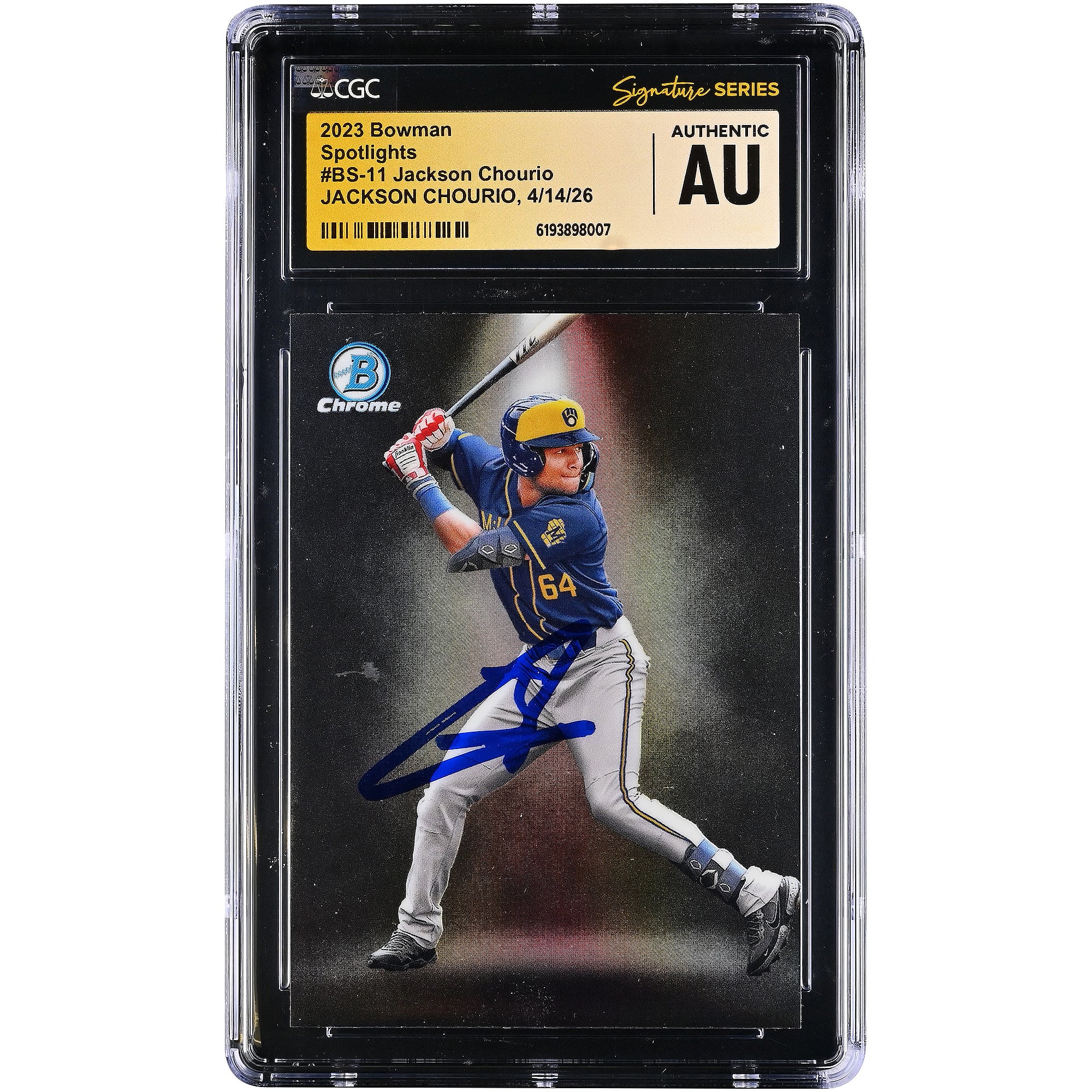 Carte authentifiée CGC Fanatics Witnessed 2023 Bowman Spotlights #BS-11 de Jackson Chourio (Milwaukee Brewers), autographiée par Fanatics Witnessed.