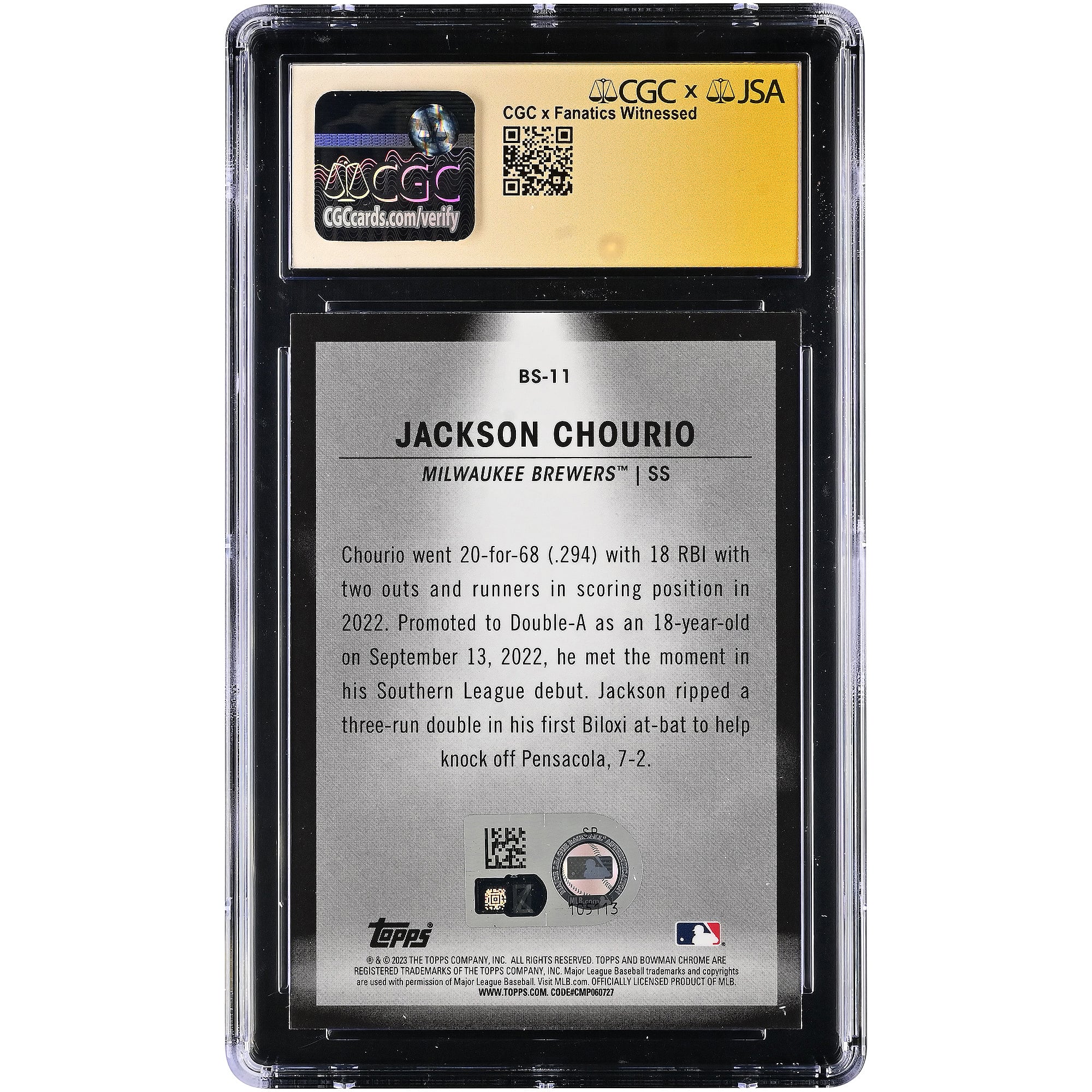 Carte authentifiée CGC Fanatics Witnessed 2023 Bowman Spotlights #BS-11 de Jackson Chourio (Milwaukee Brewers), autographiée par Fanatics Witnessed.