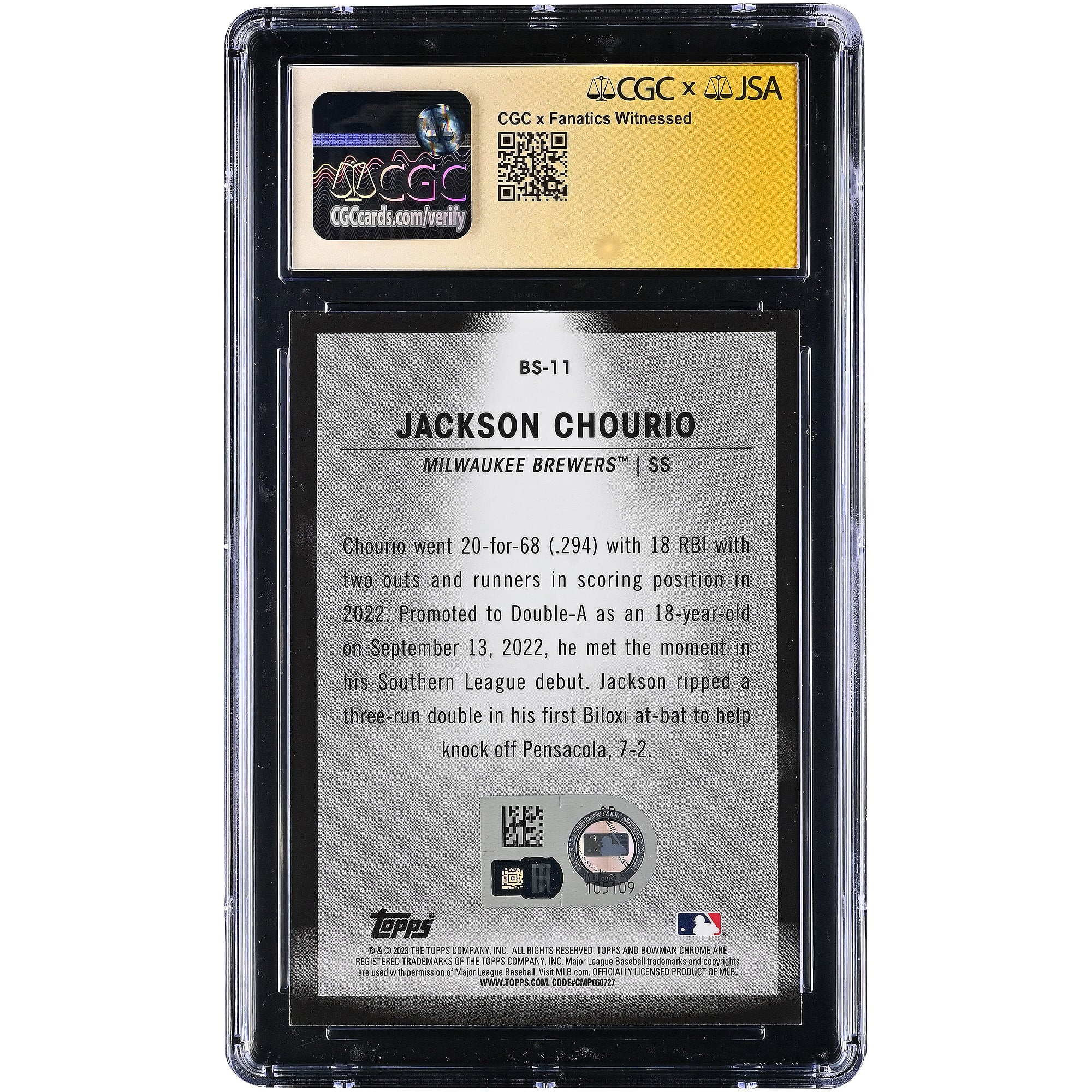 Jackson Chourio Milwaukee Brewers Autographed 2023 Bowman Spotlights #BS-11 CGC Fanatics Witnessed Authenticated MINT+ 9.5 Card