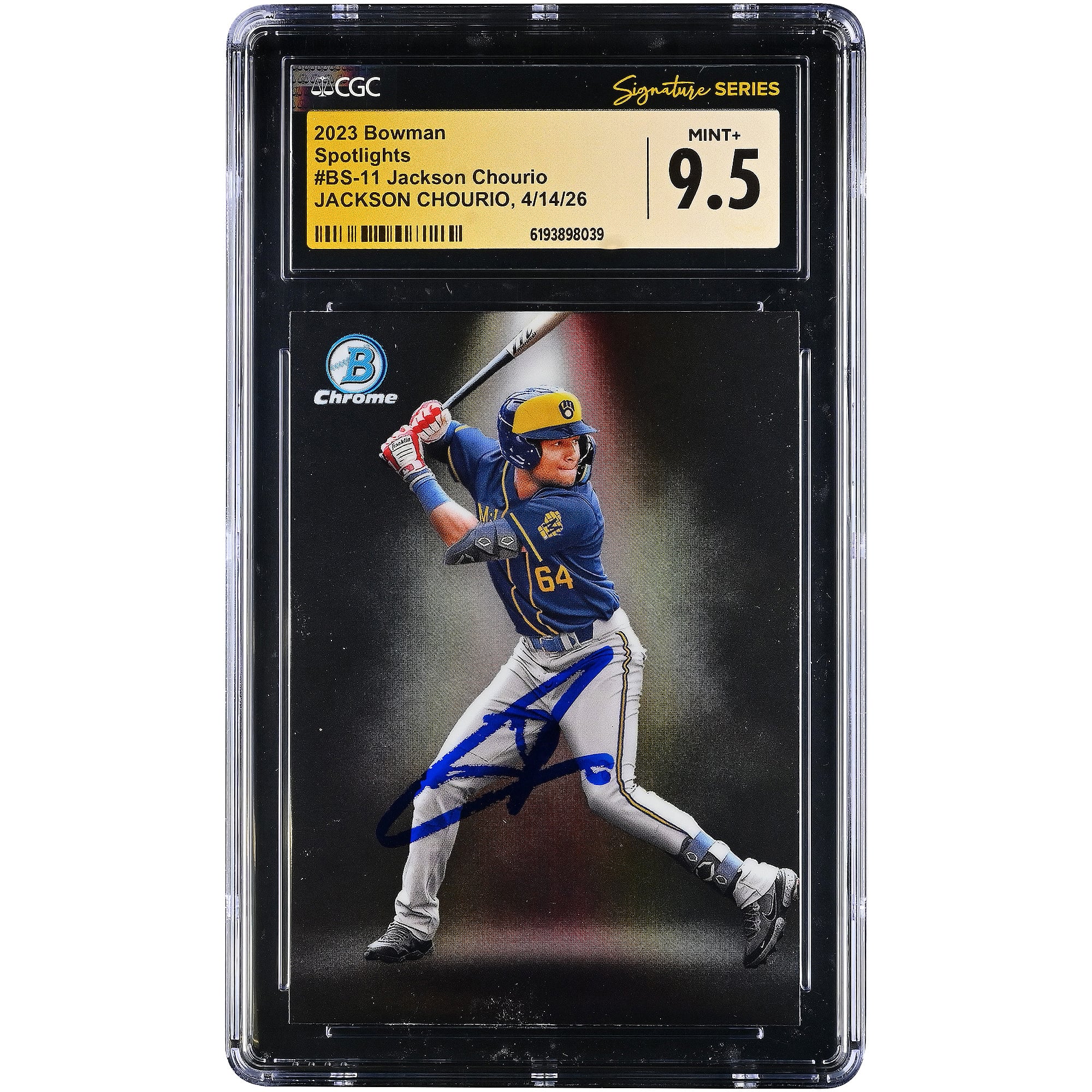 Jackson Chourio Milwaukee Brewers Autographed 2023 Bowman Spotlights #BS-11 CGC Fanatics Witnessed Authenticated MINT+ 9.5 Card