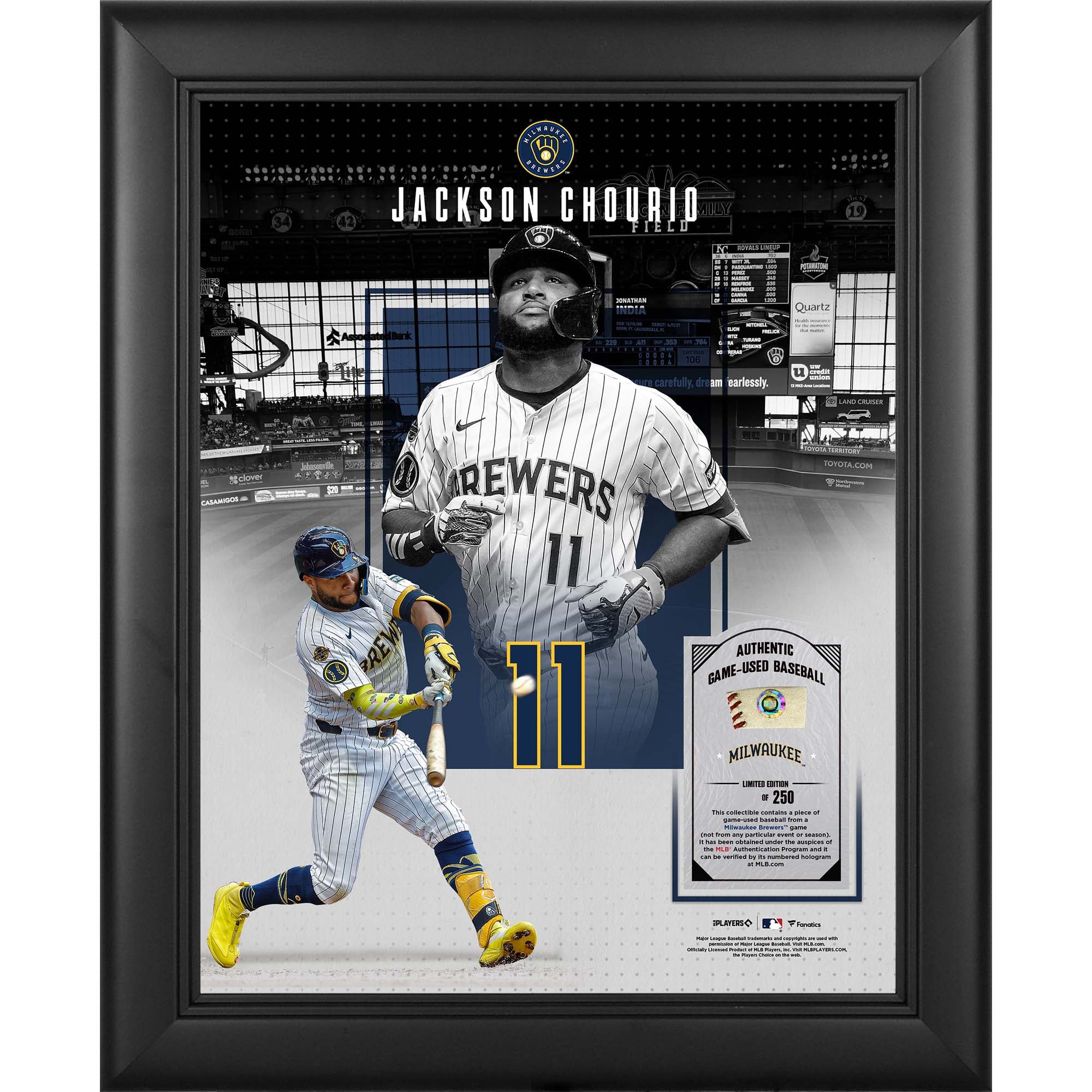 Collage encadré 11" x 14" de Jackson Chourio (Milwaukee Brewers) avec un morceau de balle utilisée en match - Édition limitée à 250 exemplaires