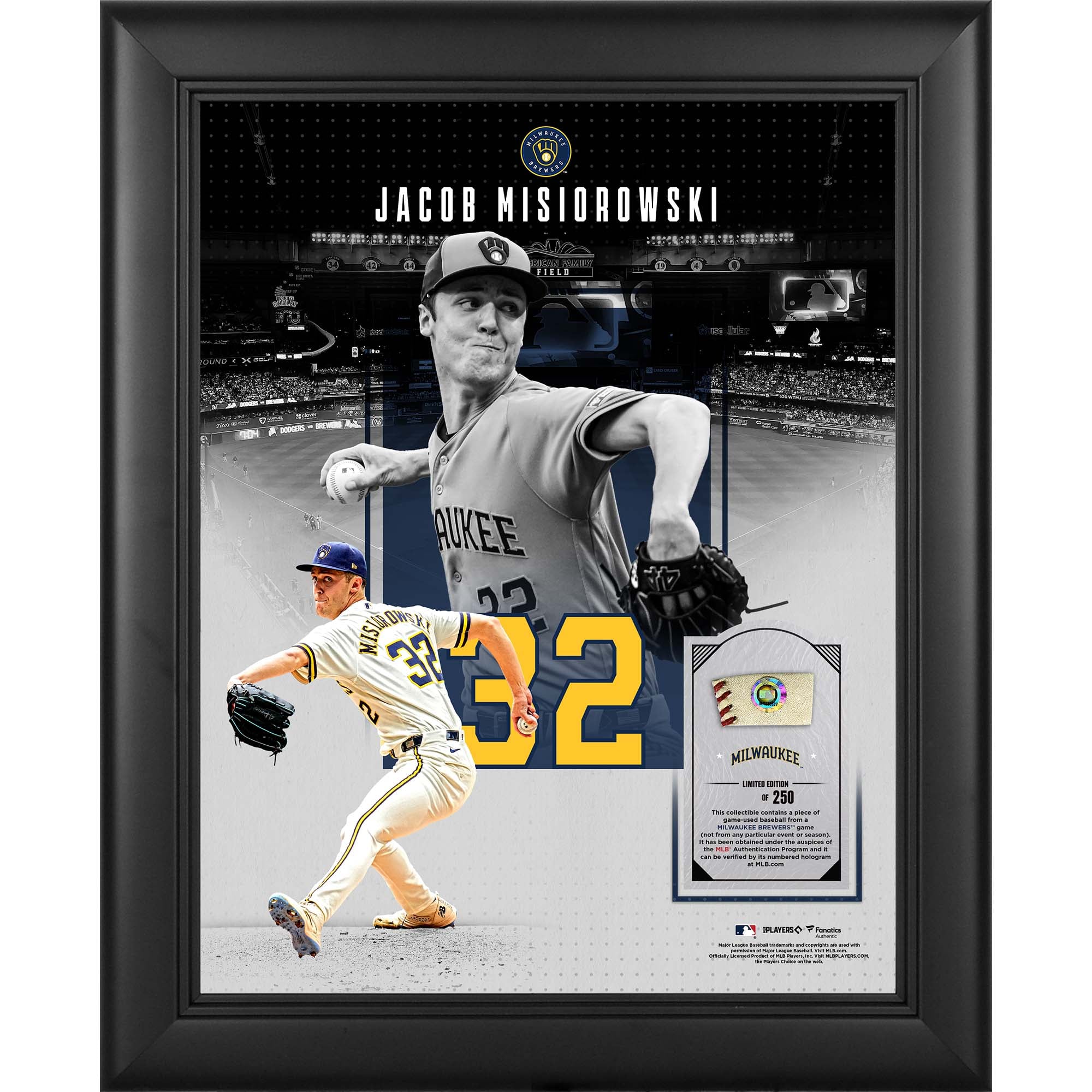 Collage encadré 11" x 14" de Jacob Misiorowski, Milwaukee Brewers, avec un morceau de balle utilisée en match - Édition limitée à 250 exemplaires