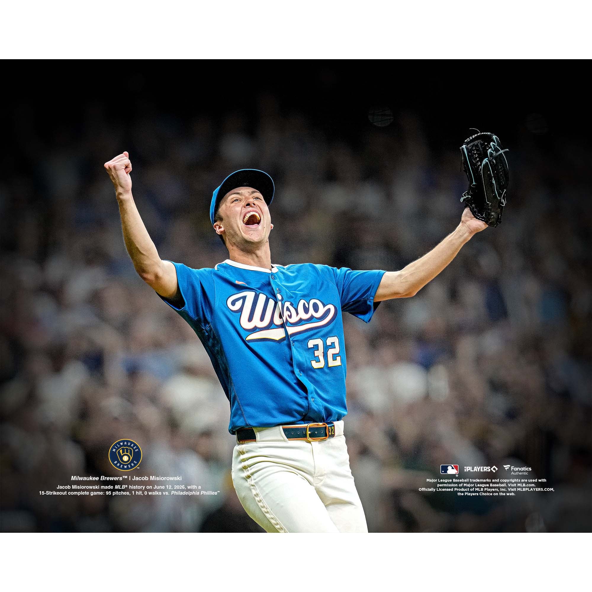 Jacob Misiorowski Milwaukee Brewers Unsigned 15-Strikeout Complete Game On 95 Pitches Celebration Spotlight Photograph