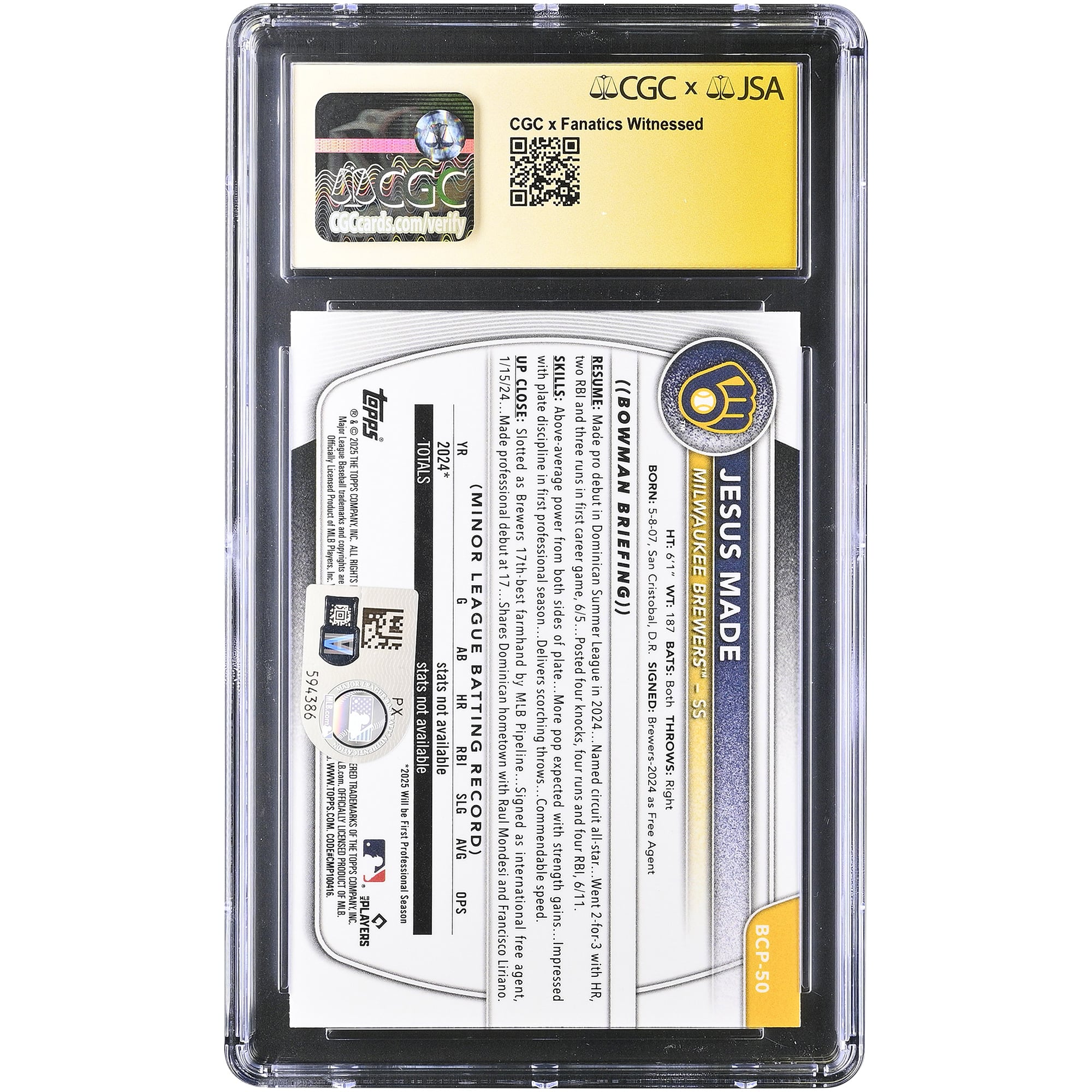 Jesús Made Milwaukee Brewers Autographed 2025 Bowman Chrome Prospects #BCP-50 CGC Fanatics Witnessed Authenticated /10 Card