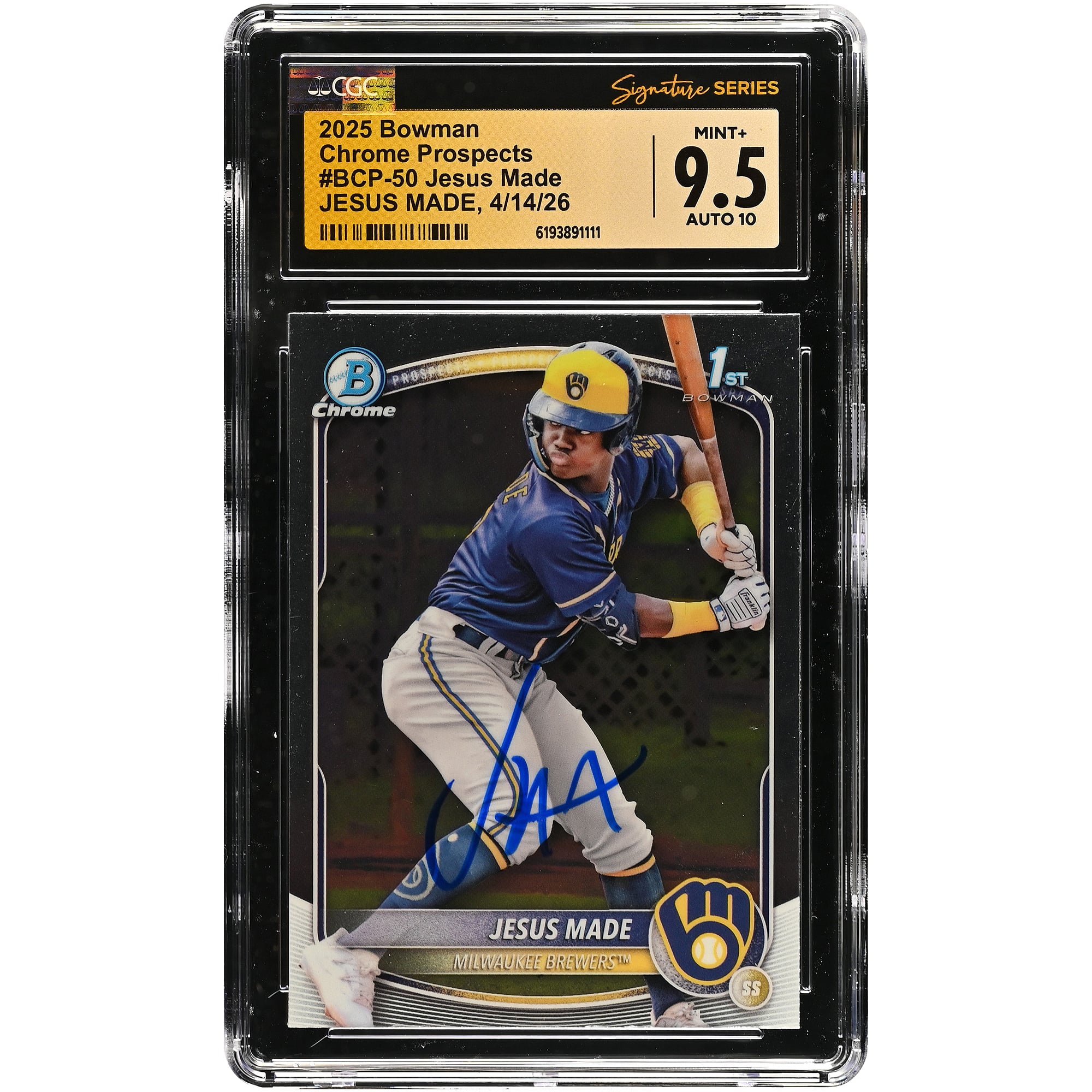 Carte autographiée par Jesús Made des Milwaukee Brewers, collection Bowman Chrome Prospects 2025, numéro BCP-50, authentifiée par CGC Fanatics Witnessed (note 9,5/10).