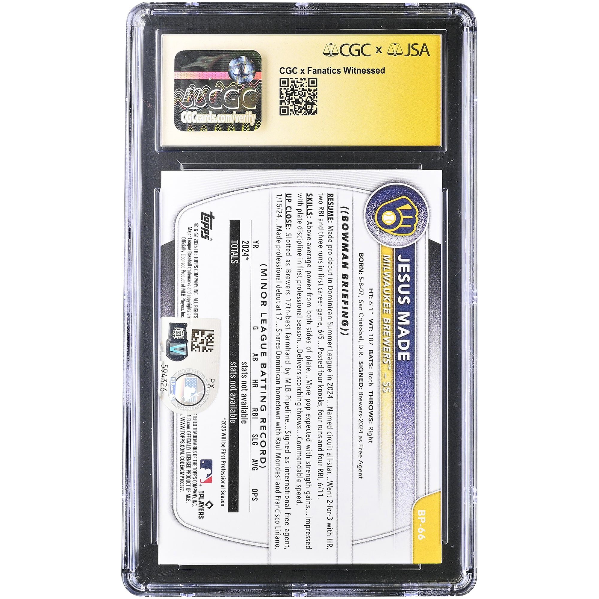 Jesús Made Milwaukee Brewers Autographed 2025 Bowman Prospects #BP-66 CGC Fanatics Witnessed Authenticated 10/10 Card