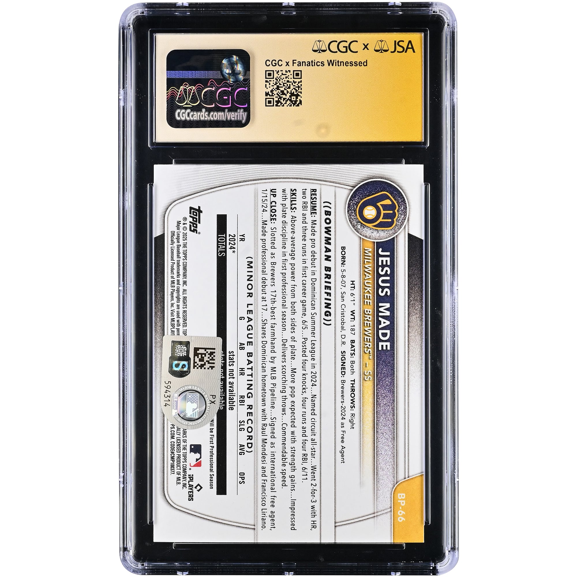 Jesús Made Milwaukee Brewers Autographed 2025 Bowman Prospects #BP-66 CGC Fanatics Witnessed Authenticated MINT+ 9.5 Card