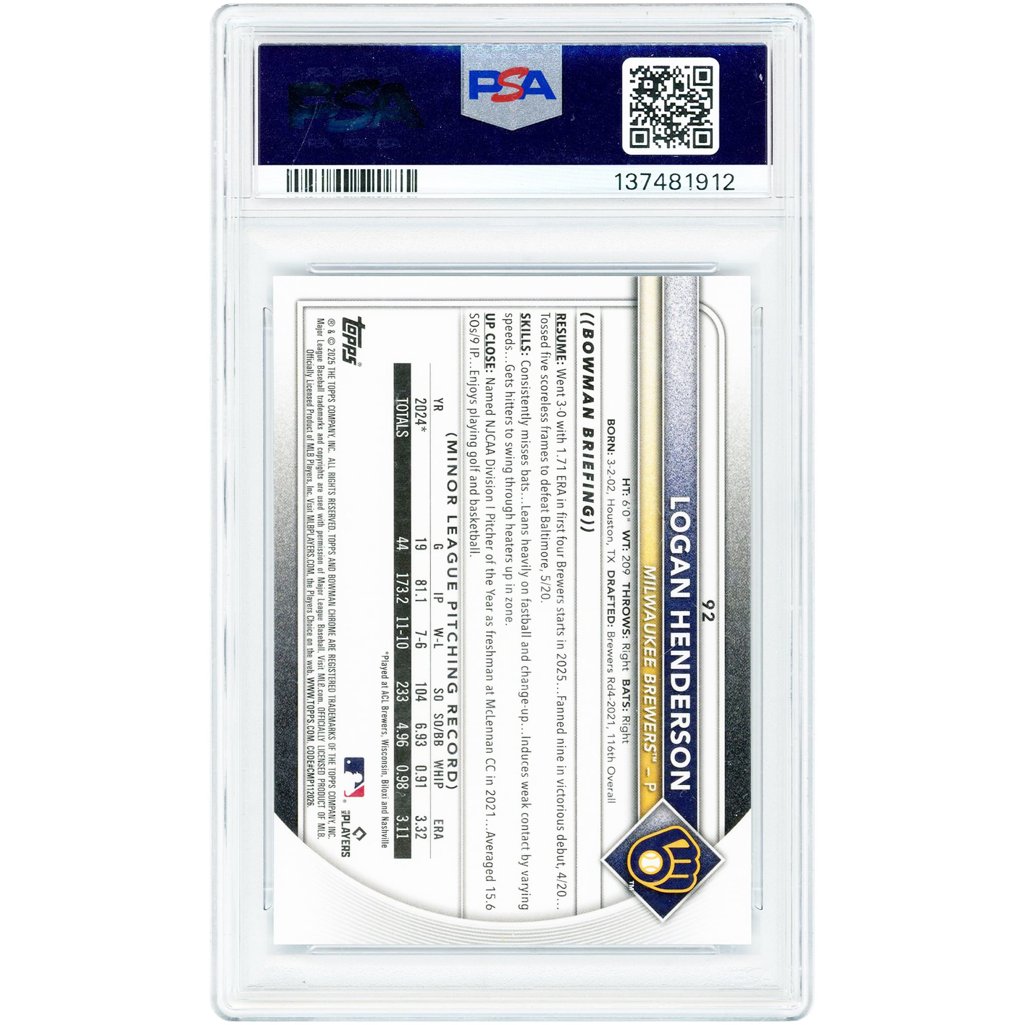 Carte recrue Logan Henderson Milwaukee Brewers 2025 Bowman Chrome Blue Geometric Refractor n° 92, n° 124/150, authentifiée PSA 10