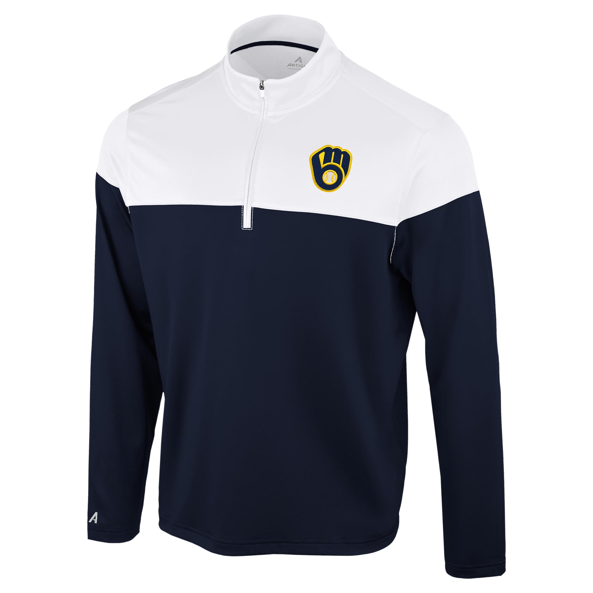 Pull à col zippé Antigua bleu marine et blanc pour homme, Milwaukee Brewers Hinder