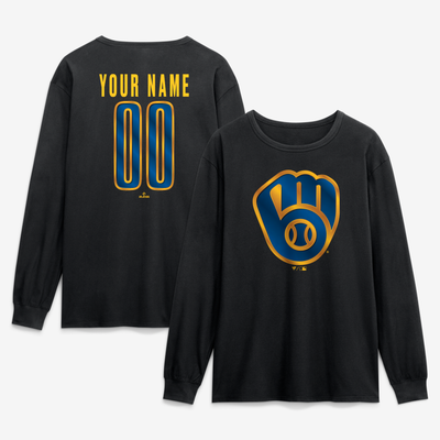 Milwaukee Brewers  Metallic Mascot Personalized Name & Number Long Sleeve T-Shirt - Black
