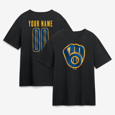 Milwaukee Brewers  Metallic Mascot Personalized Name & Number T-Shirt - Black