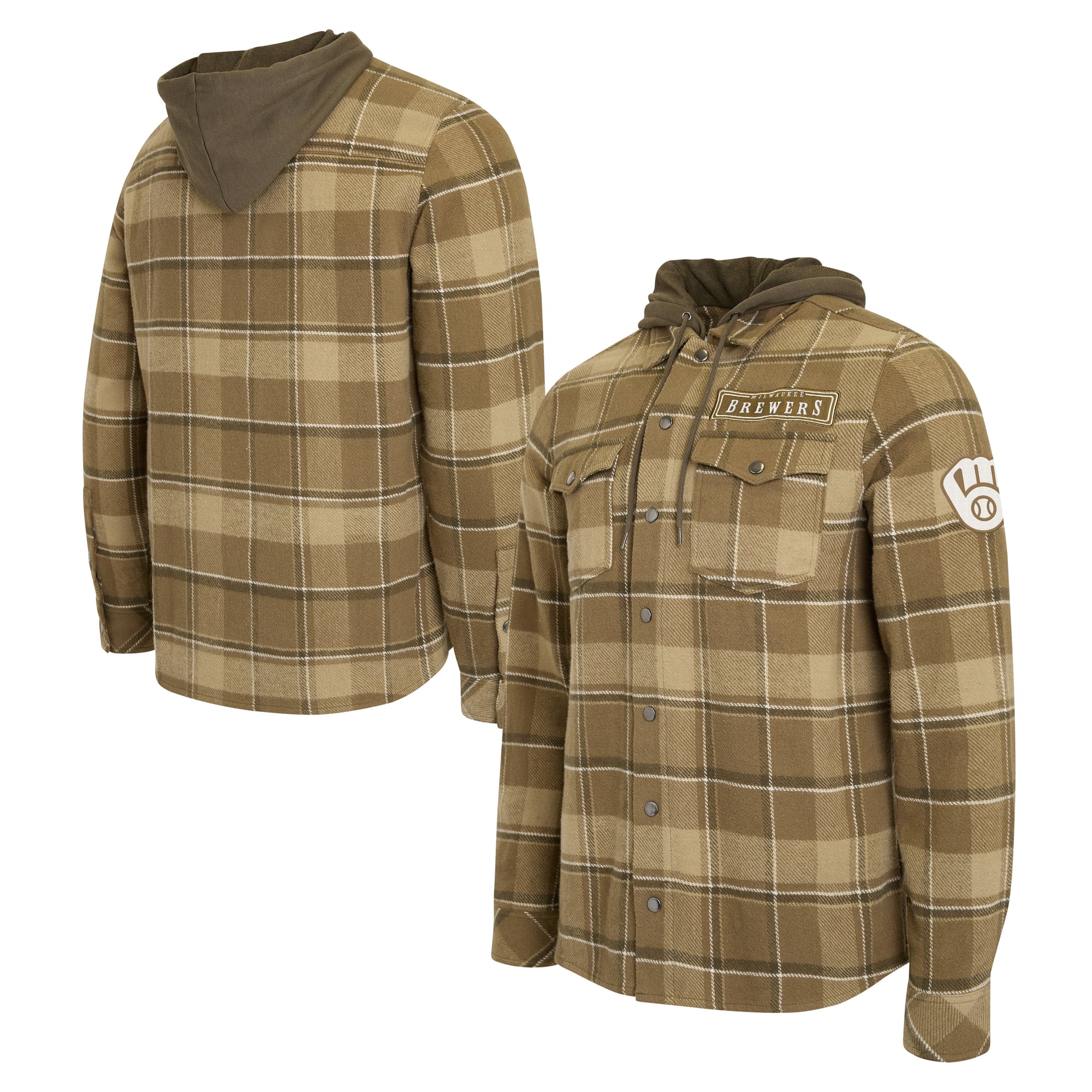 Men's Darius Rucker Collection by Fanatics Brown/Olive Milwaukee Brewers Woven Hooded Full-Snap Shacket