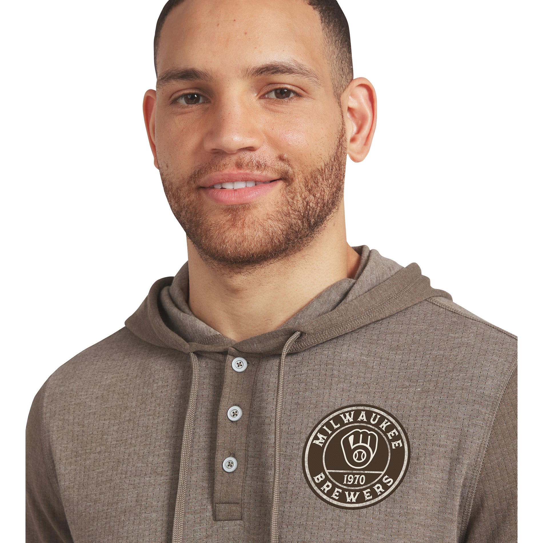 Men's Darius Rucker Collection by Fanatics Tan/Brown Milwaukee Brewers Knit Hooded Henley Long Sleeve T-Shirt