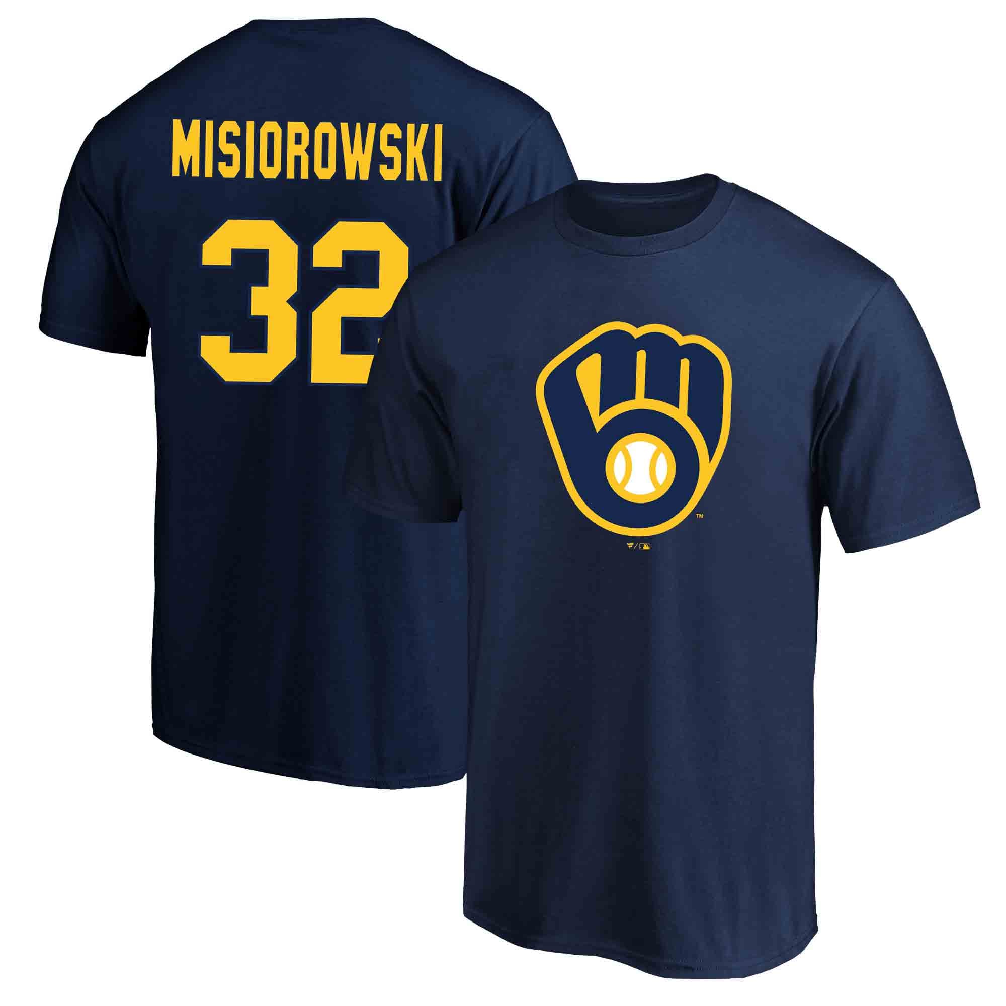 T-shirt Fanatics pour homme, Jacob Misiorowski, bleu marine, Milwaukee Brewers, grandes tailles, avec nom et numéro.