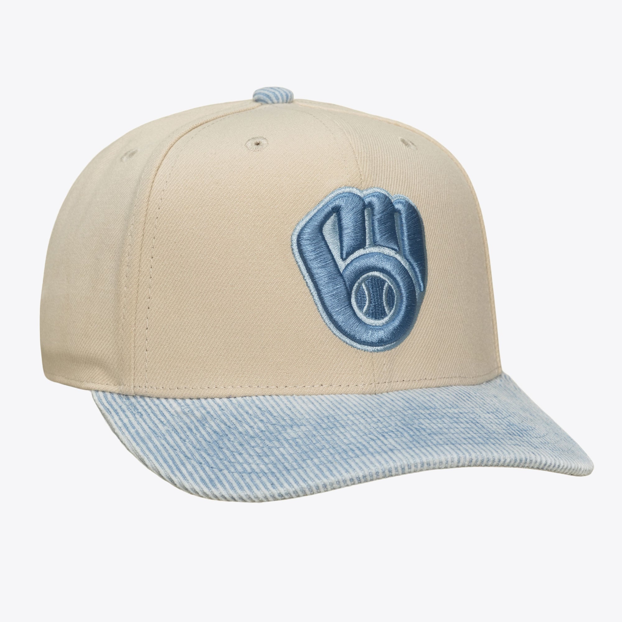 Men's Mitchell & Ness Cream/Light Blue Milwaukee Brewers Washed Corduroy Pro Crown Snapback Hat