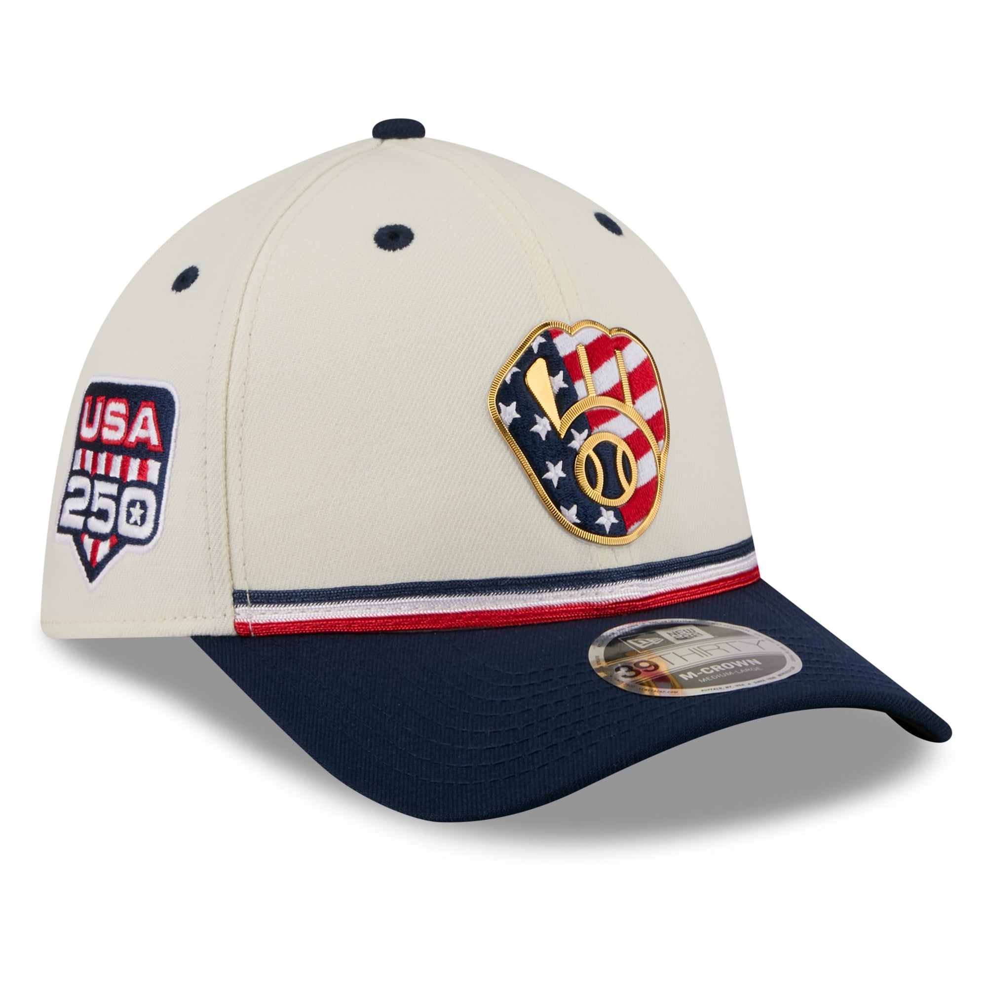 Casquette New Era pour homme, crème/marine, Milwaukee Brewers USA 250, édition spéciale 4 juillet, modèle 39THIRTY M-Crown Flex