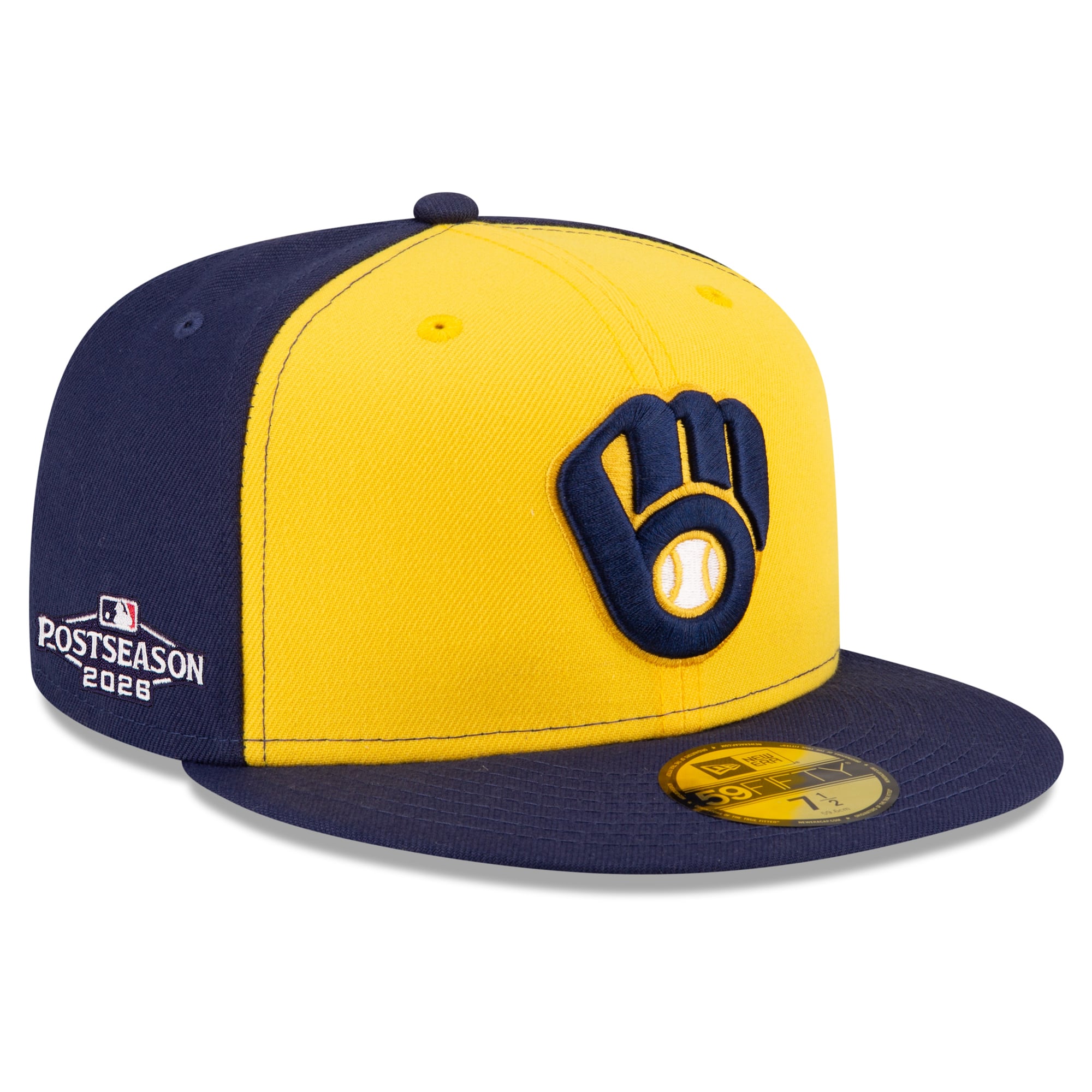 Casquette ajustée New Era 59FIFTY pour homme, or et marine, Milwaukee Brewers, écusson latéral des séries éliminatoires de la MLB 2026