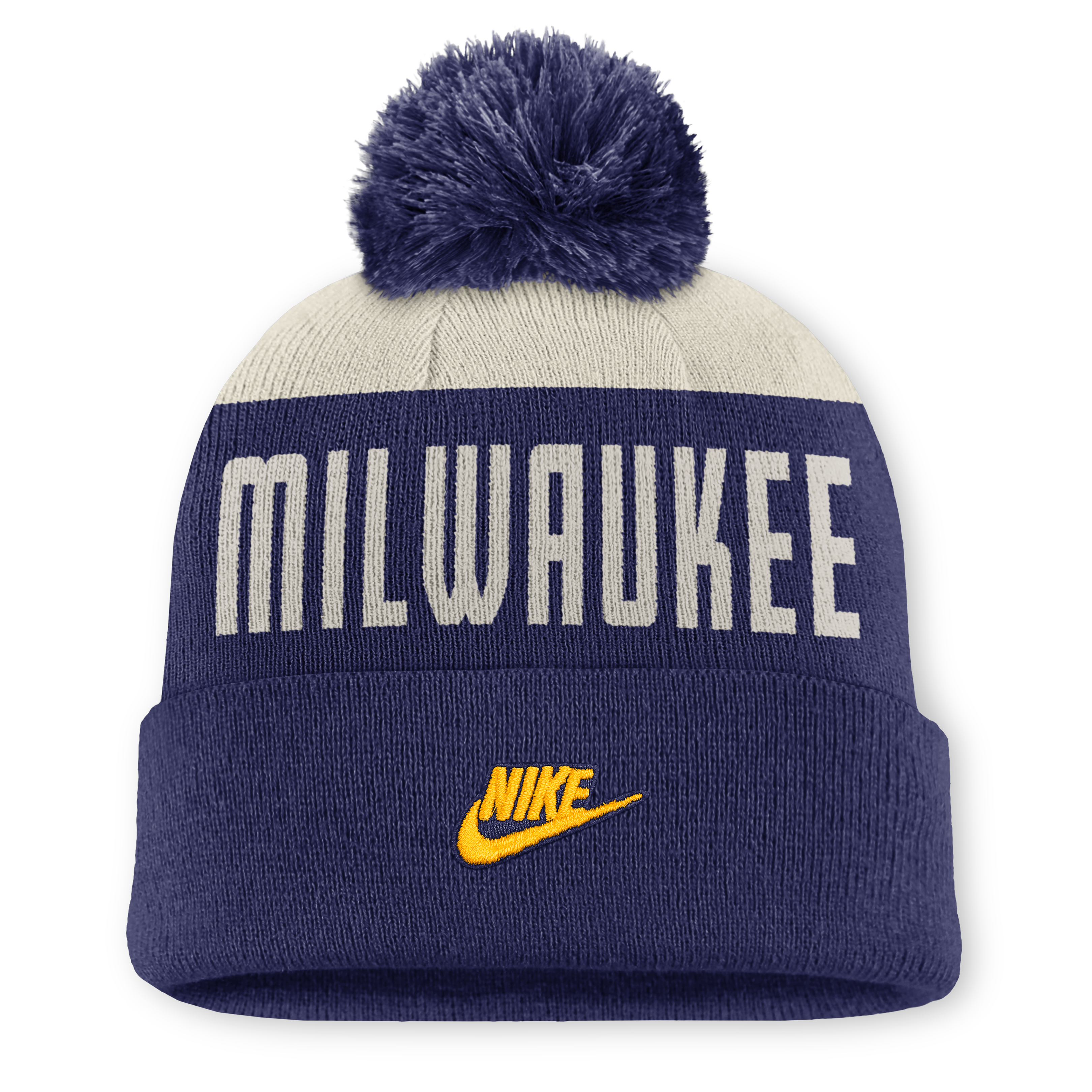 Bonnet à revers Nike pour homme, coloris naturel/marine, collection Milwaukee Brewers Cooperstown, modèle Peak Standard avec pompon.