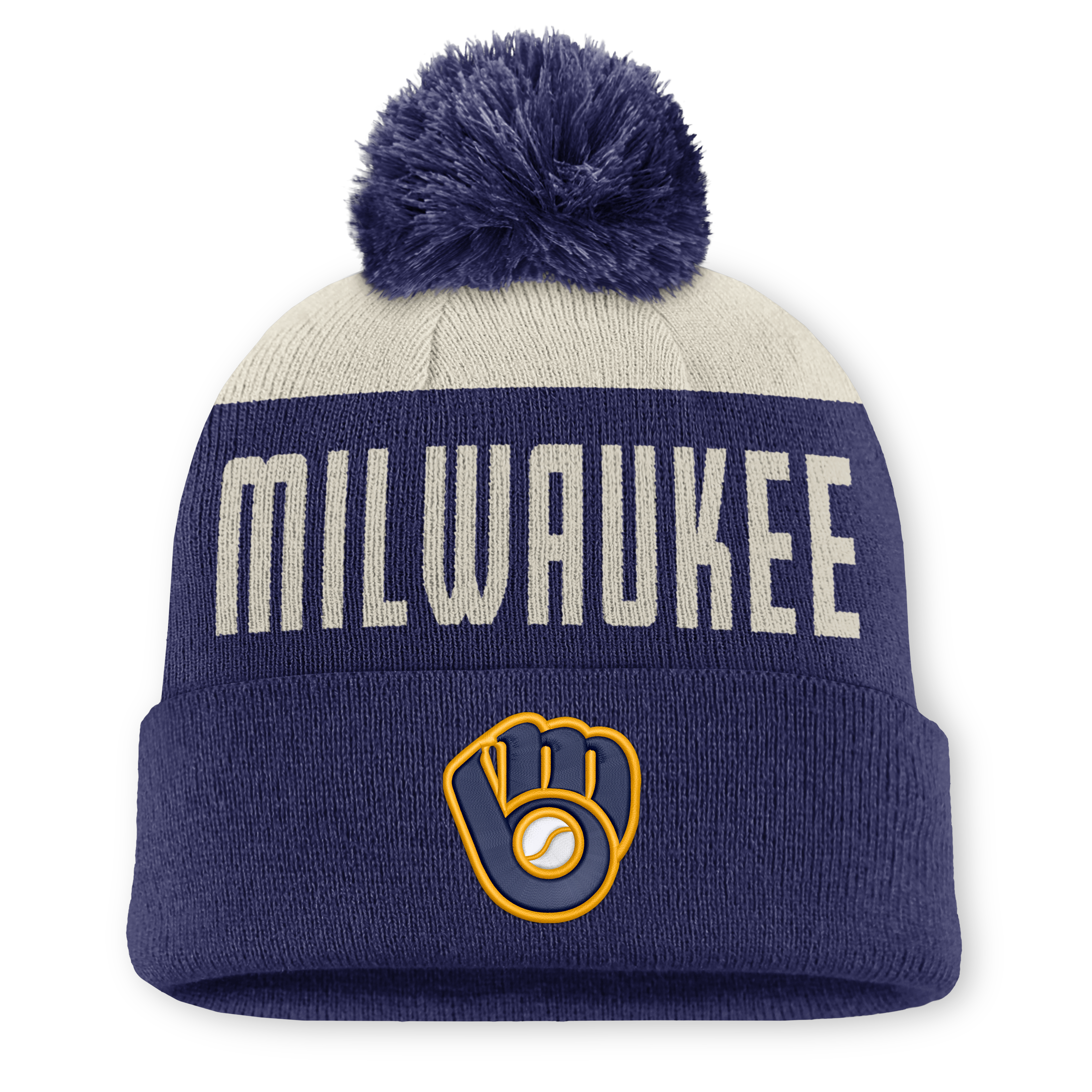 Bonnet à revers Nike pour homme, coloris naturel/marine, collection Milwaukee Brewers Cooperstown, modèle Peak Standard avec pompon.