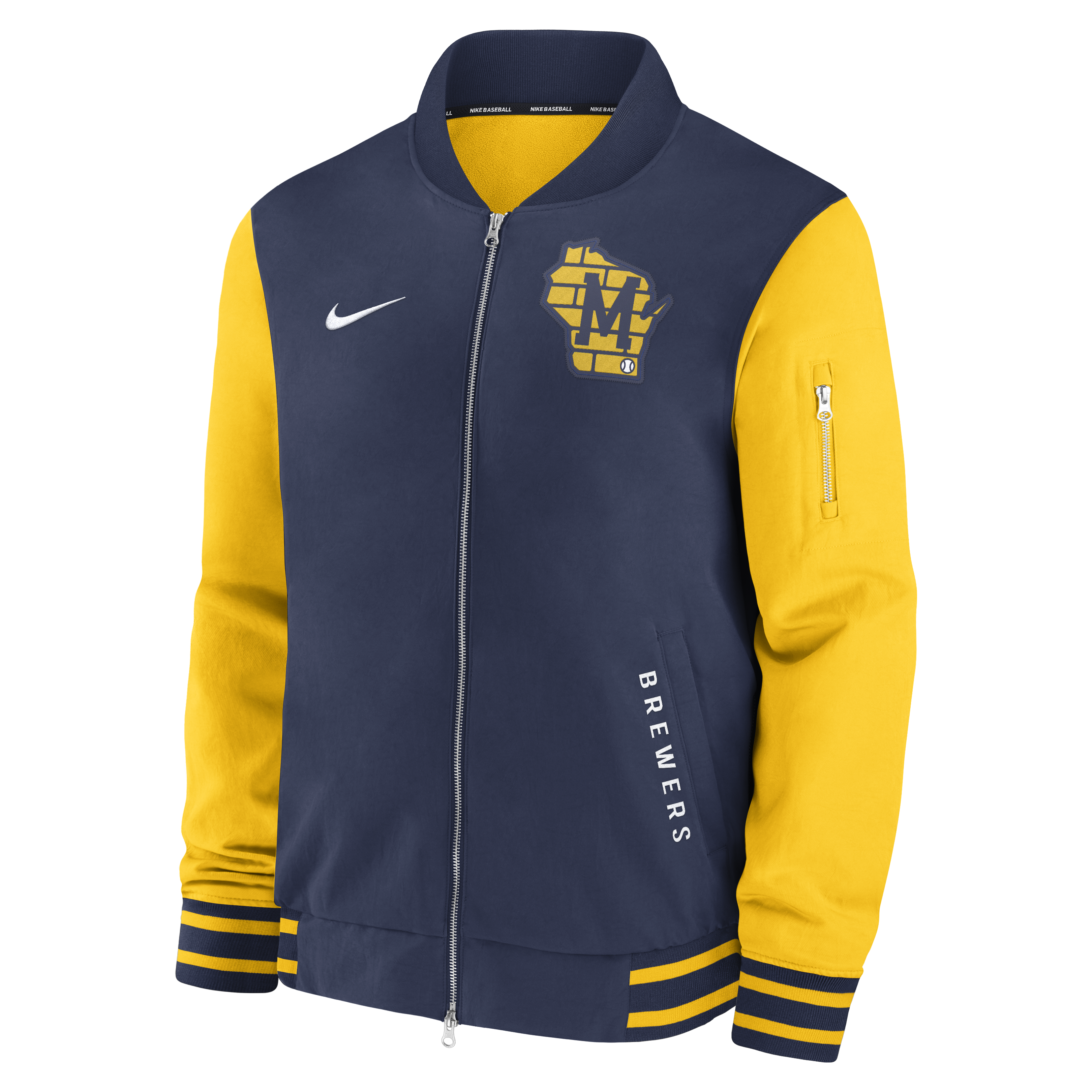 Veste aviateur Nike bleu marine/doré pour homme, collection authentique des Milwaukee Brewers, coupe décontractée entièrement zippée.