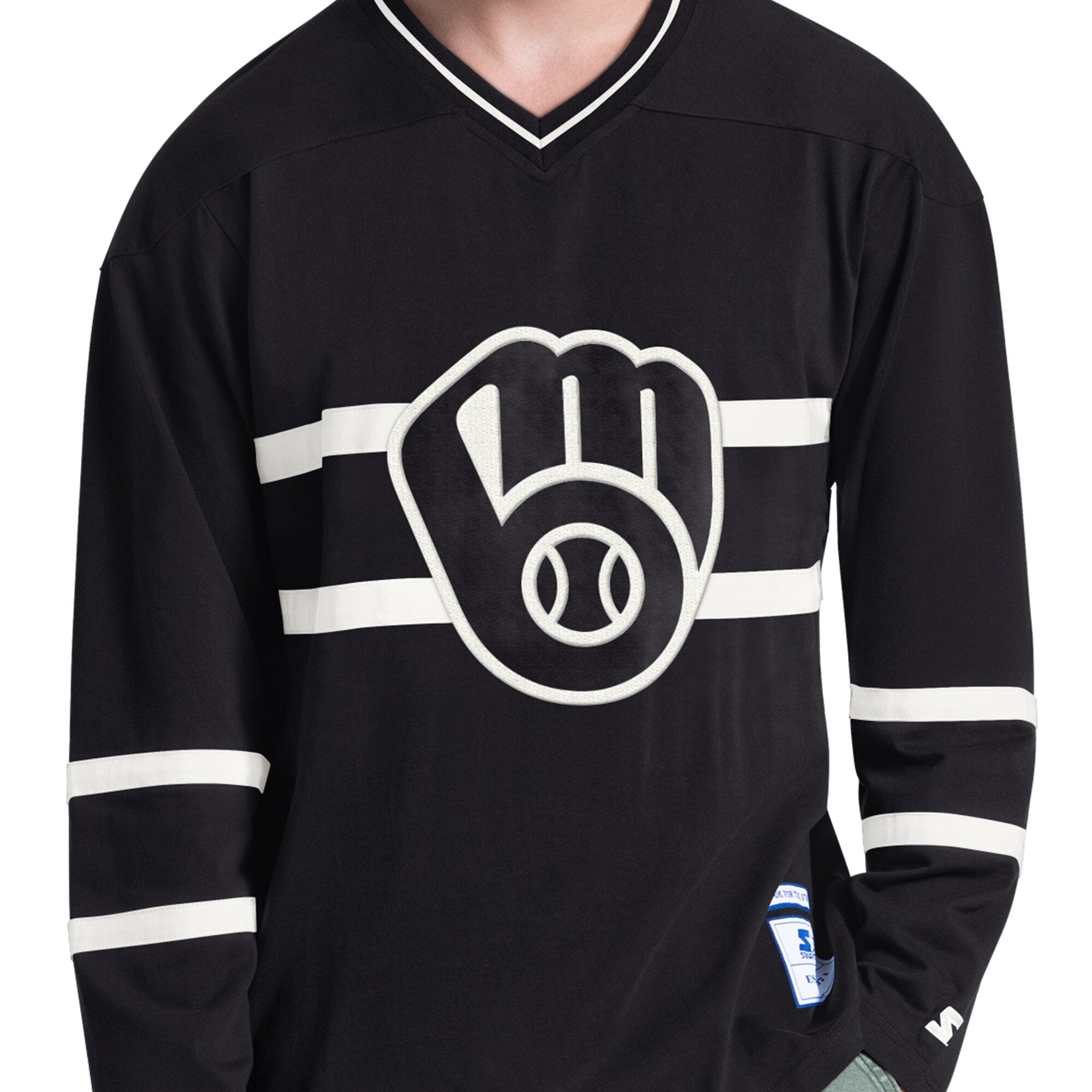 T-shirt à manches longues et col en V Starter Black Milwaukee Brewers Line Up pour homme