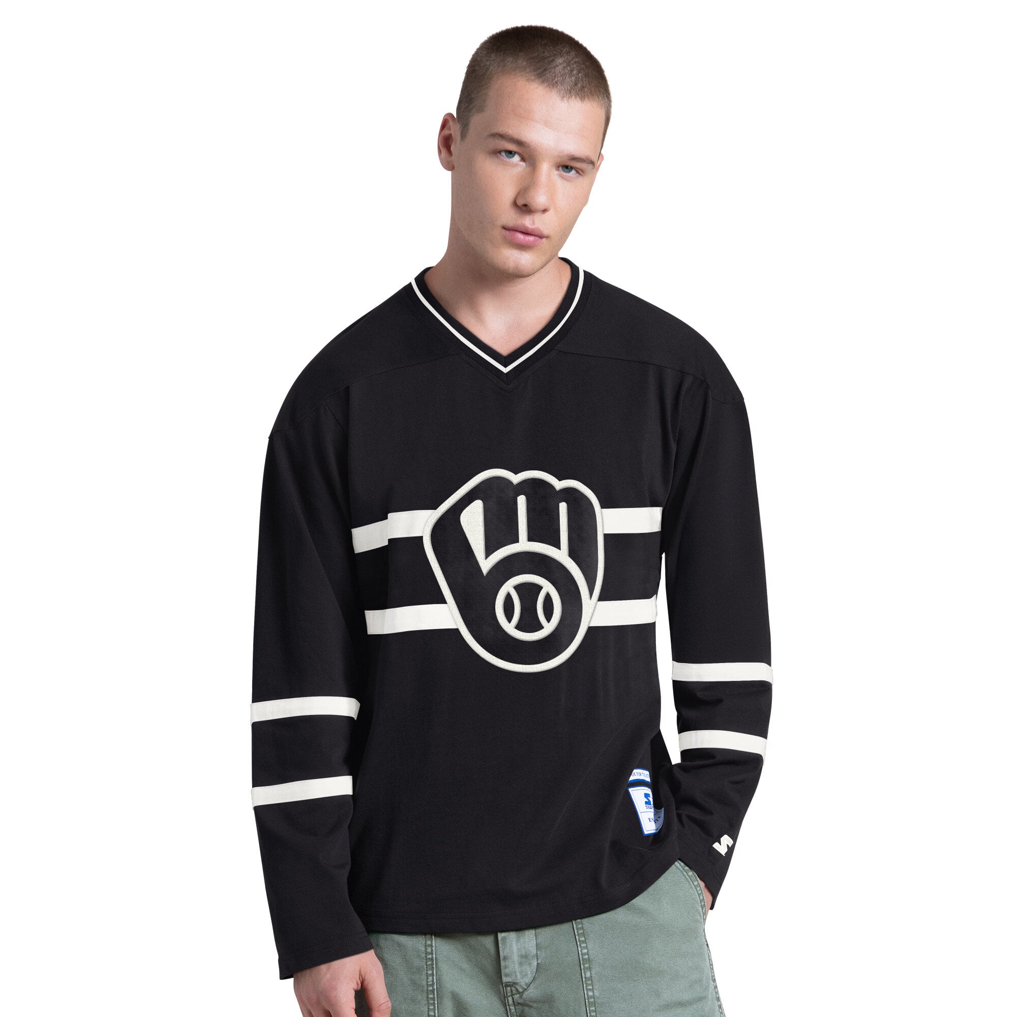 T-shirt à manches longues et col en V Starter Black Milwaukee Brewers Line Up pour homme