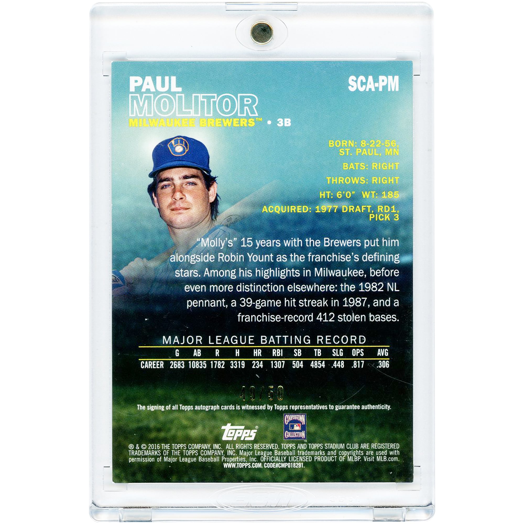 Carte autographiée de Paul Molitor (Milwaukee Brewers) 2016 Topps Stadium Club Black #SCA-PM #49/50