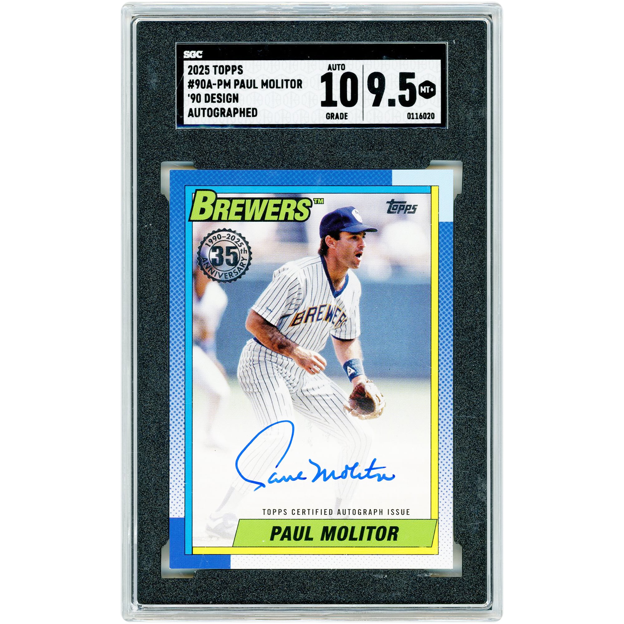 Carte autographiée de Paul Molitor (Milwaukee Brewers), édition 2025 Topps, modèle 1990 Topps, n° 90A-PM, authentifiée SGC (9,5/10).