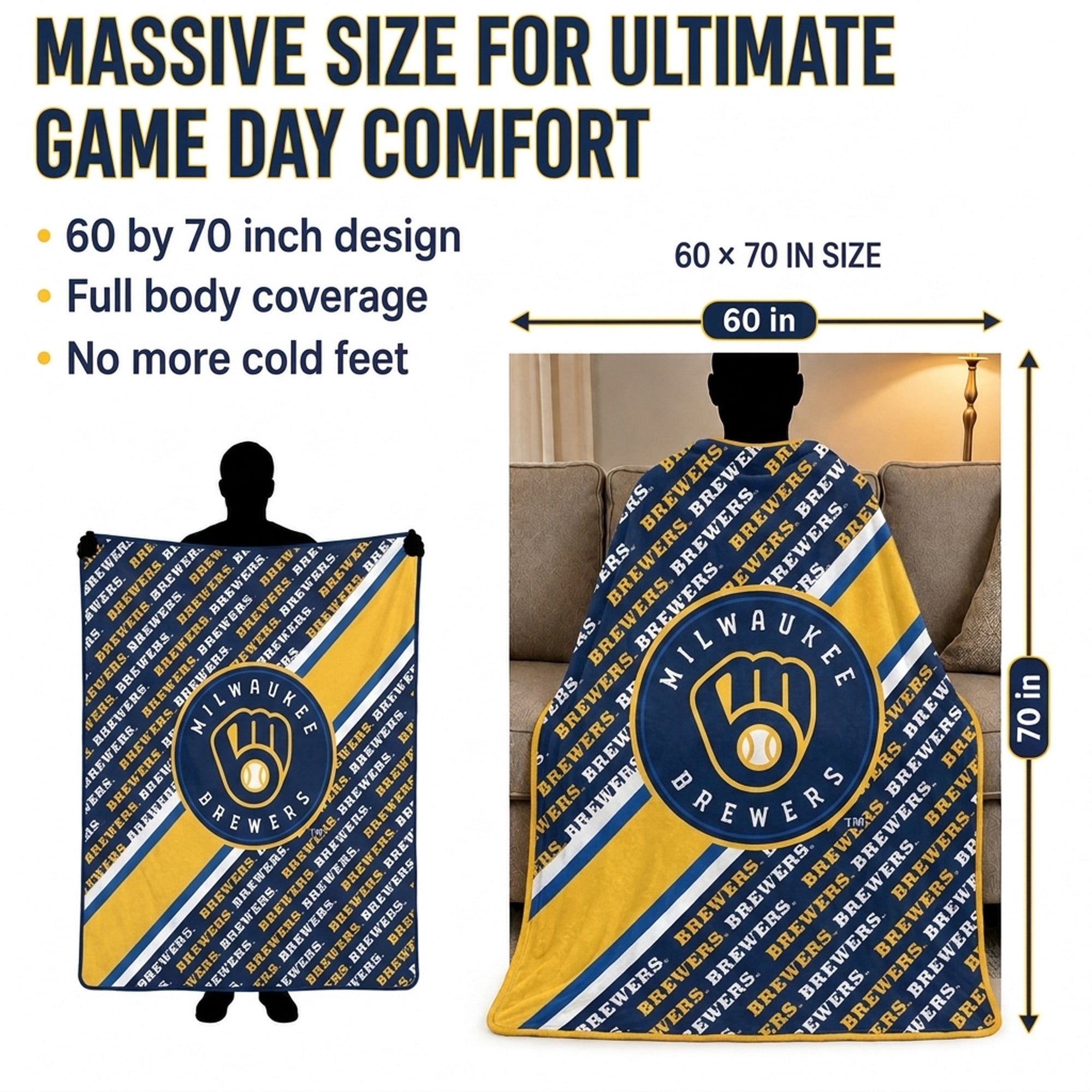 Couverture ultra douce Pegasus Milwaukee Brewers 60" x 70" (diagonale) avec logo et doublure