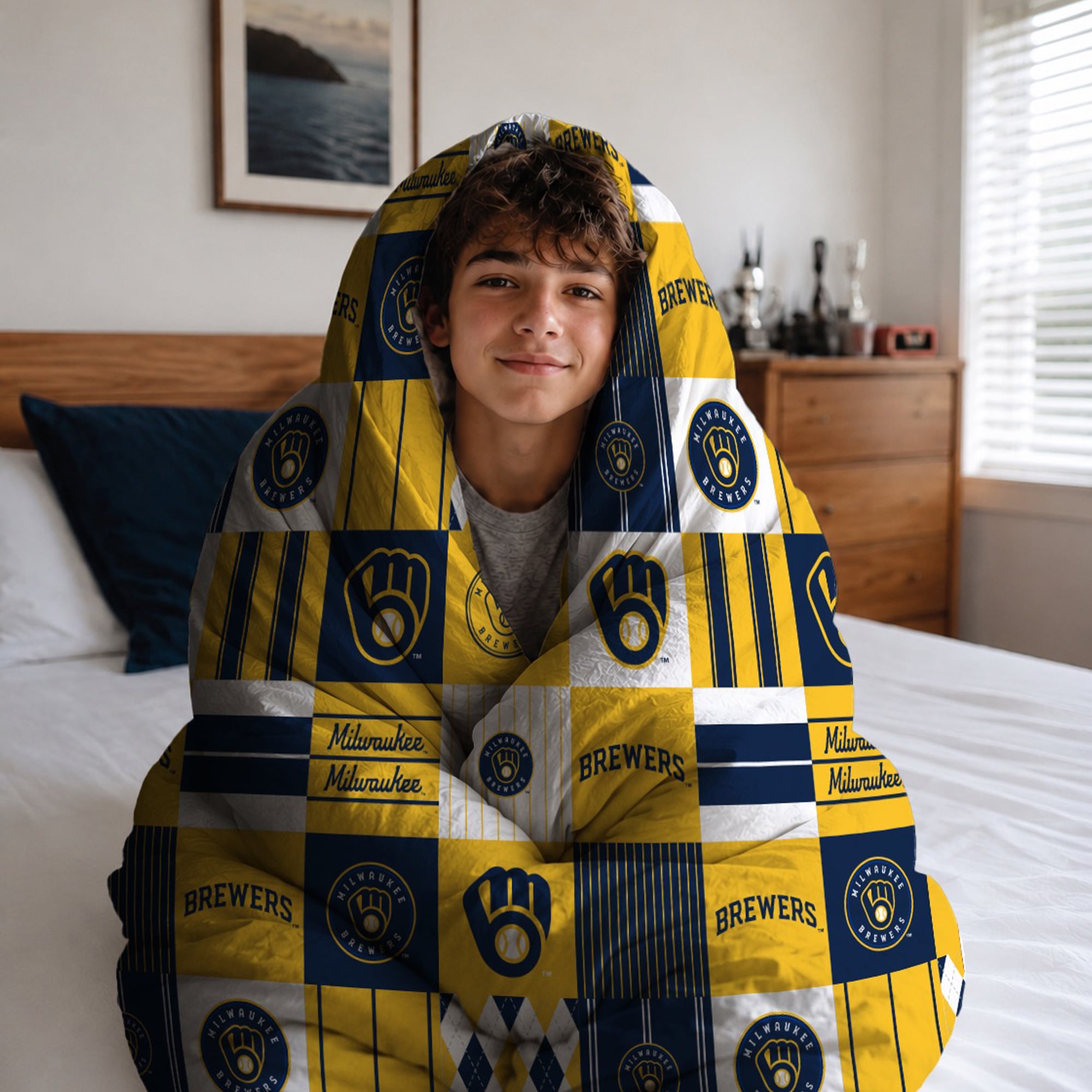 Ensemble de literie trois pièces à carreaux patchwork Pegasus Milwaukee Brewers pour lit double/queen