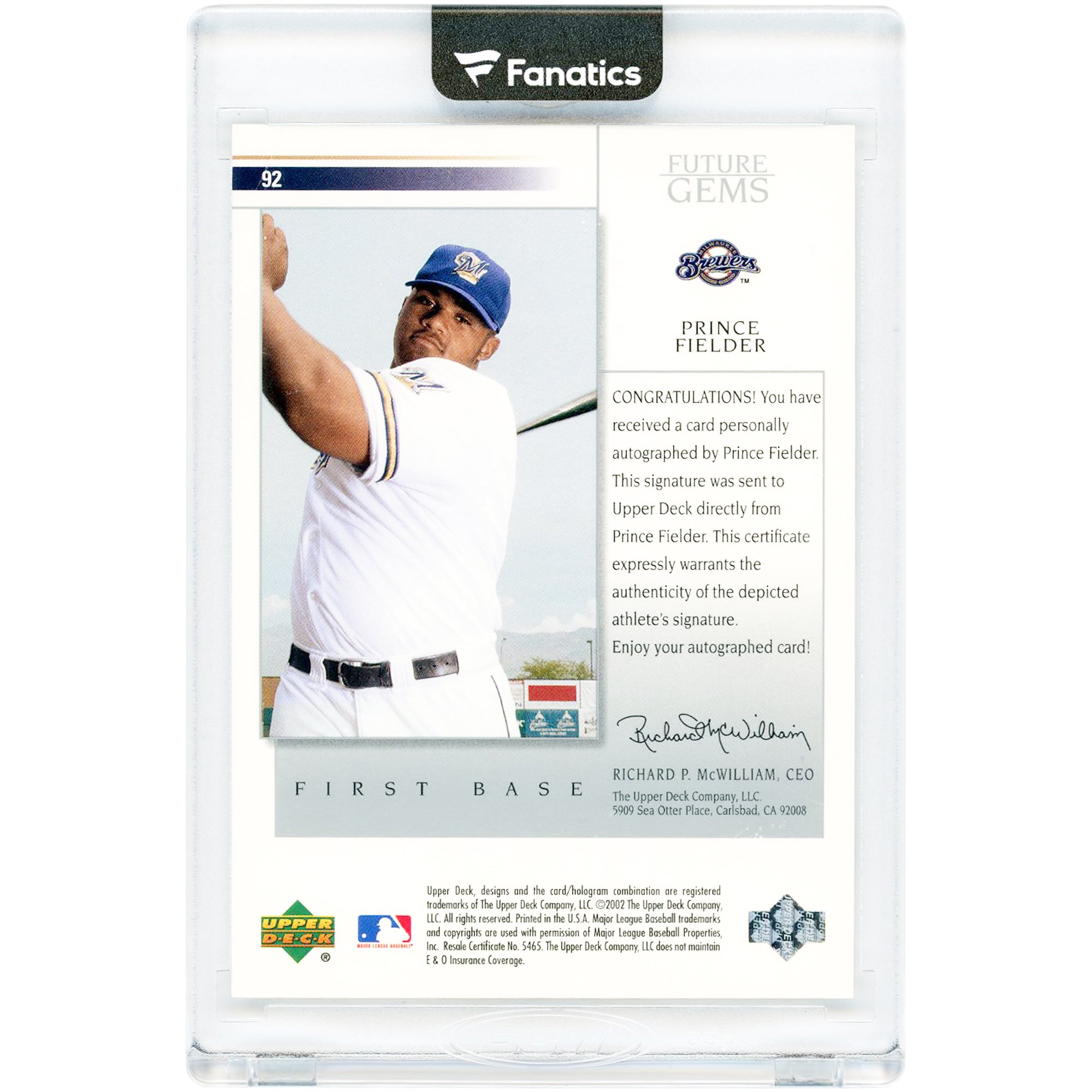 Prince Fielder Milwaukee Brewers Autographed 2002 Upper Deck Future Gems #92 Rookie Card