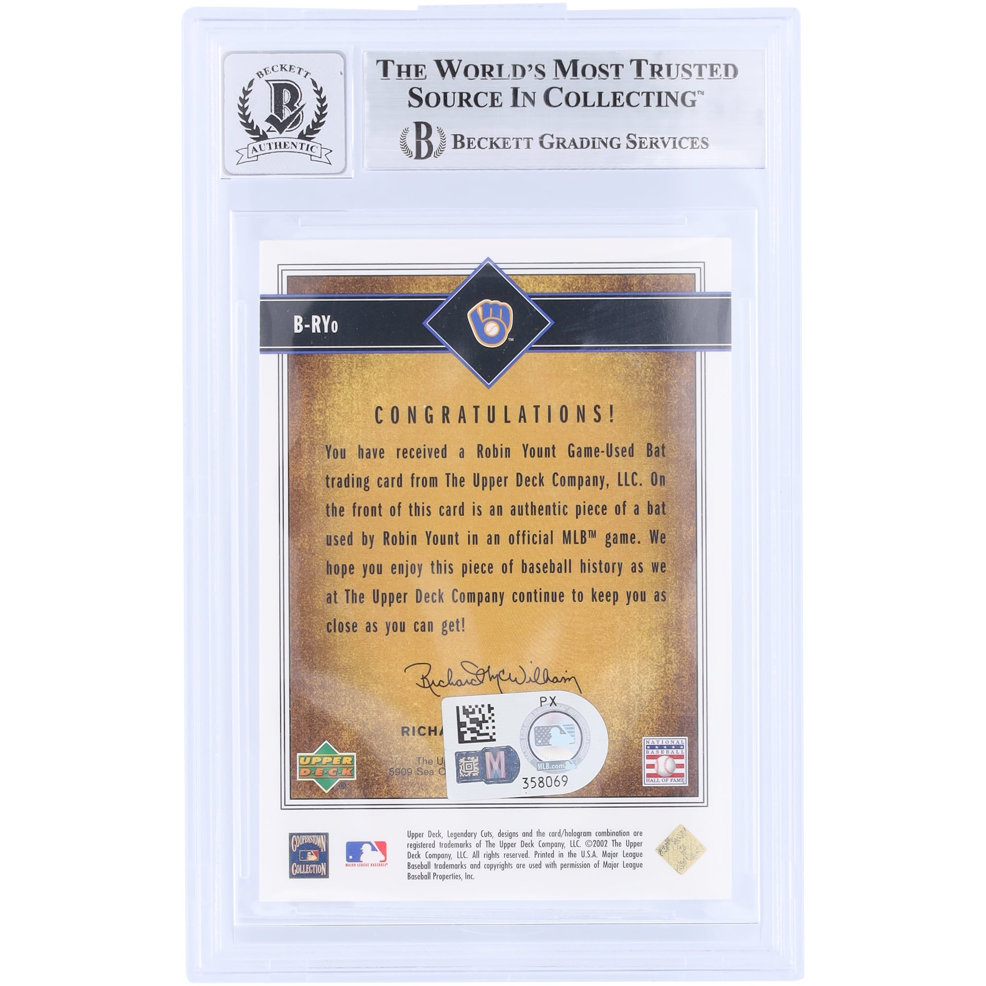 Carte autographiée de Robin Yount (Milwaukee Brewers), 2002 Upper Deck SP Legendary Cuts GU Relic #B-RYO, authentifiée Beckett Fanatics Witnessed (9/10).