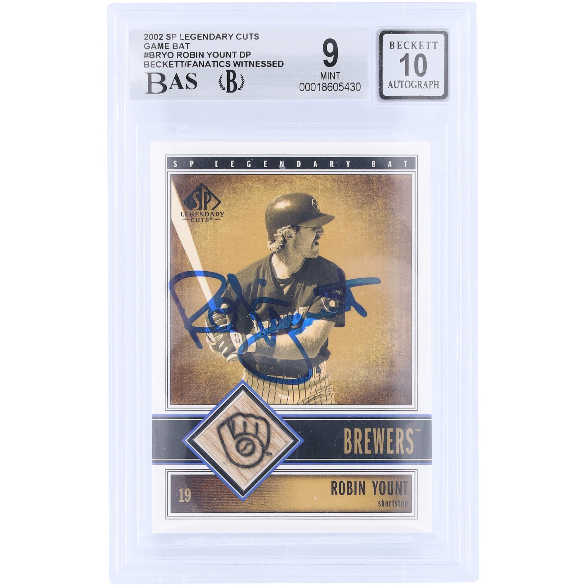 Carte autographiée de Robin Yount (Milwaukee Brewers), 2002 Upper Deck SP Legendary Cuts GU Relic #B-RYO, authentifiée Beckett Fanatics Witnessed (9/10).