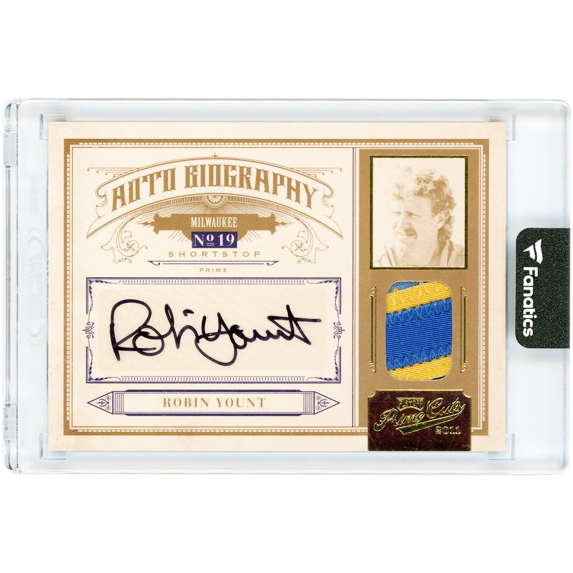 Carte autographiée de Robin Yount (Milwaukee Brewers) - Collection Panini Playoff Prime Cuts 2011 - Biographie - Relique bicolore utilisée en match - N° 8 - N° 16/20