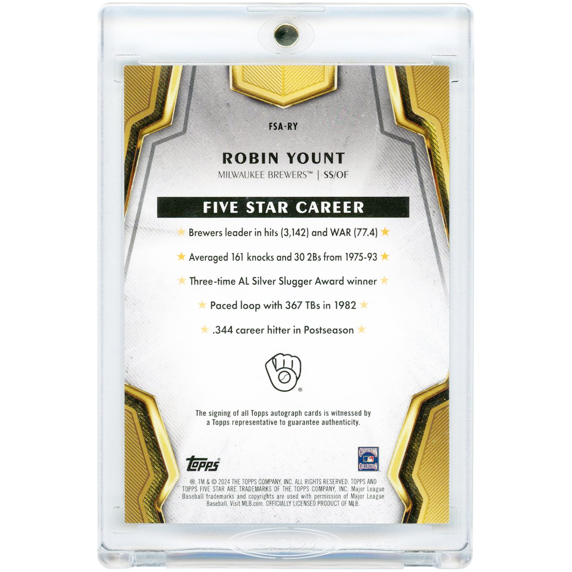 Carte autographiée Robin Yount des Milwaukee Brewers 2024 Topps Five Star Purple #FSA-RY #8/50