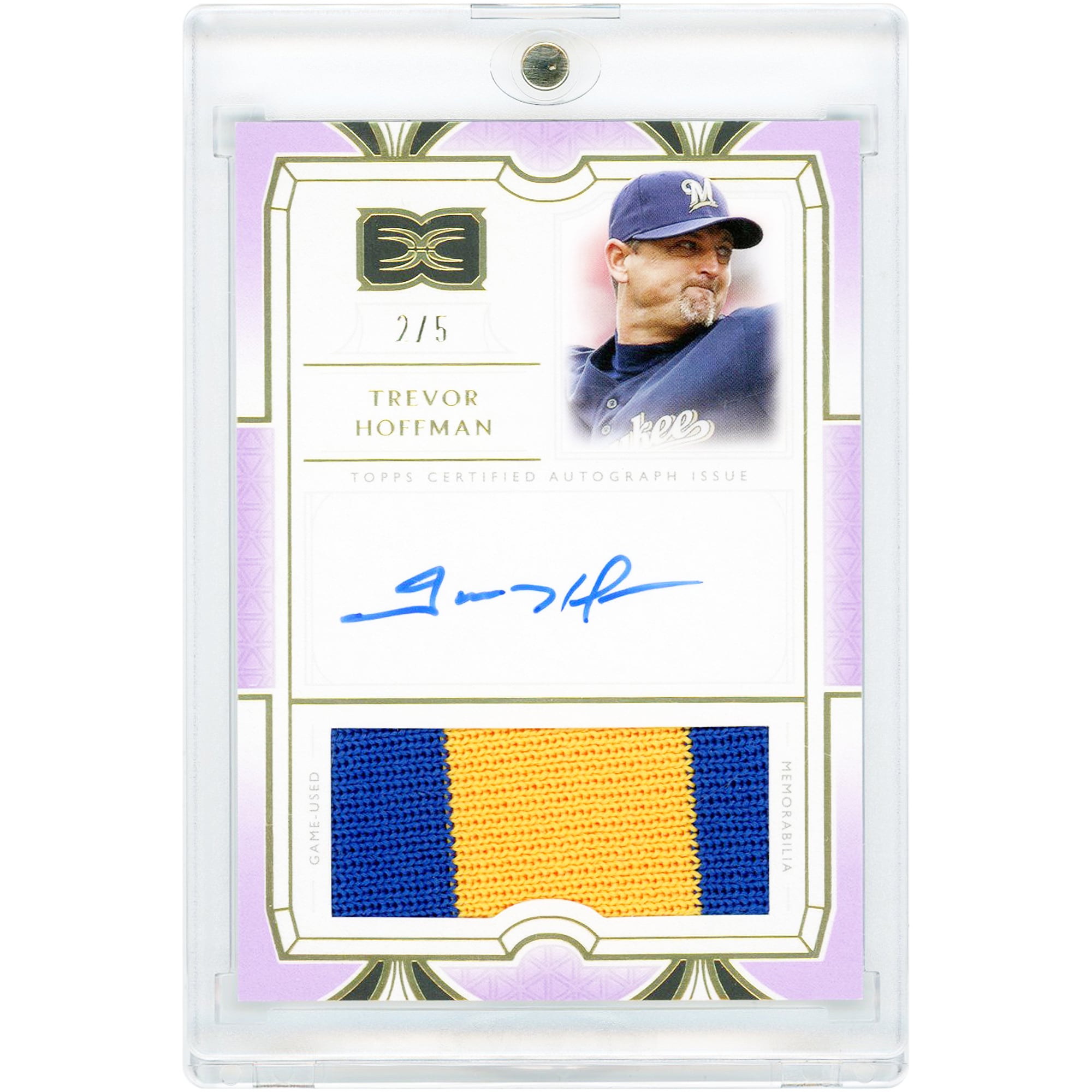 Carte autographiée de Trevor Hoffman (Milwaukee Brewers) - Collection Topps Definitive 2024 - Maillot bicolore violet porté en match - Relic #DARC-THO #2/5